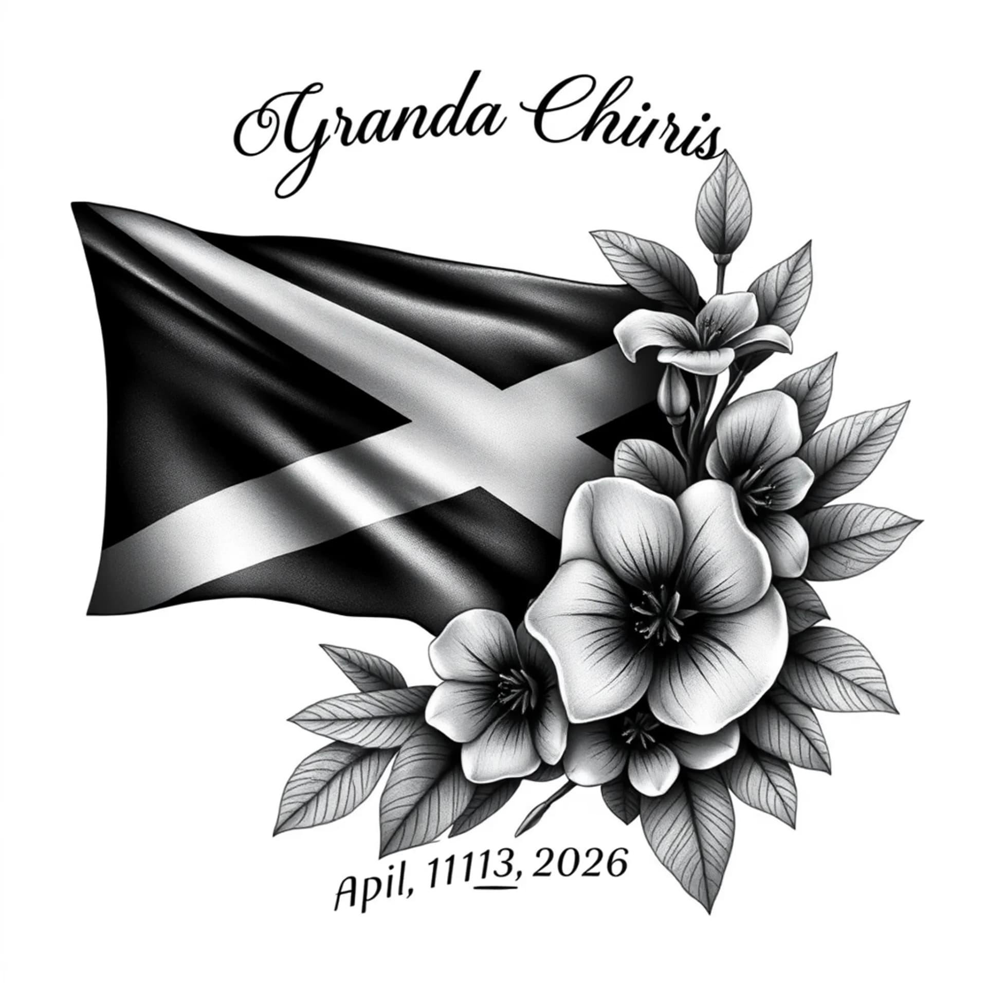Realism tattoo: Add Jamaican flag, add name: Grandpa Chris, Add date: April 25, 2026, add Lignum Vitae flowers, add colors