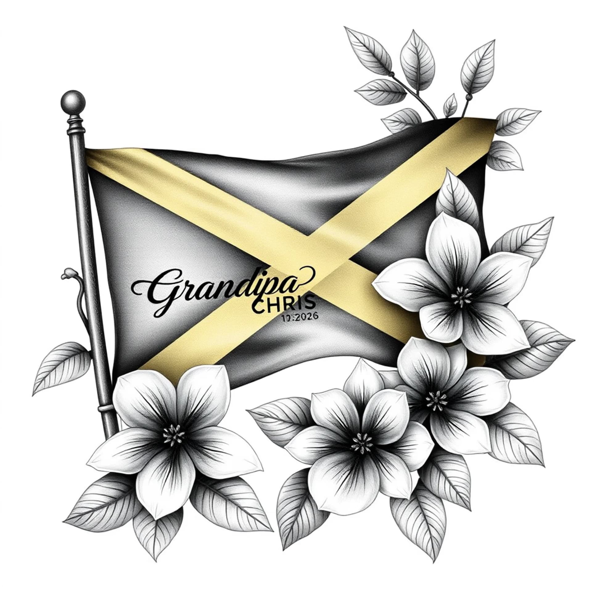 Realism tattoo: Add Jamaican flag, add name: Grandpa Chris, Add date: April 25, 2026 and add Lignum Vitae flowers, add colors