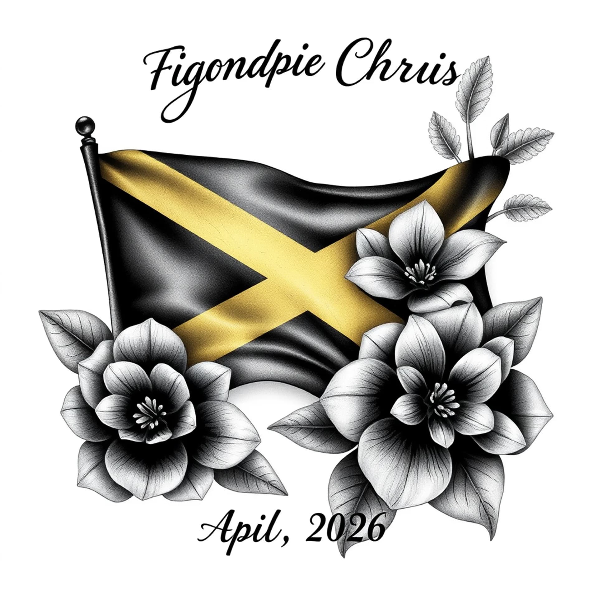 Realism tattoo: Add Jamaican flag, add name: Grandpa Chris, Add date: April 25, 2026 and add Lignum Vitae flowers, add colors