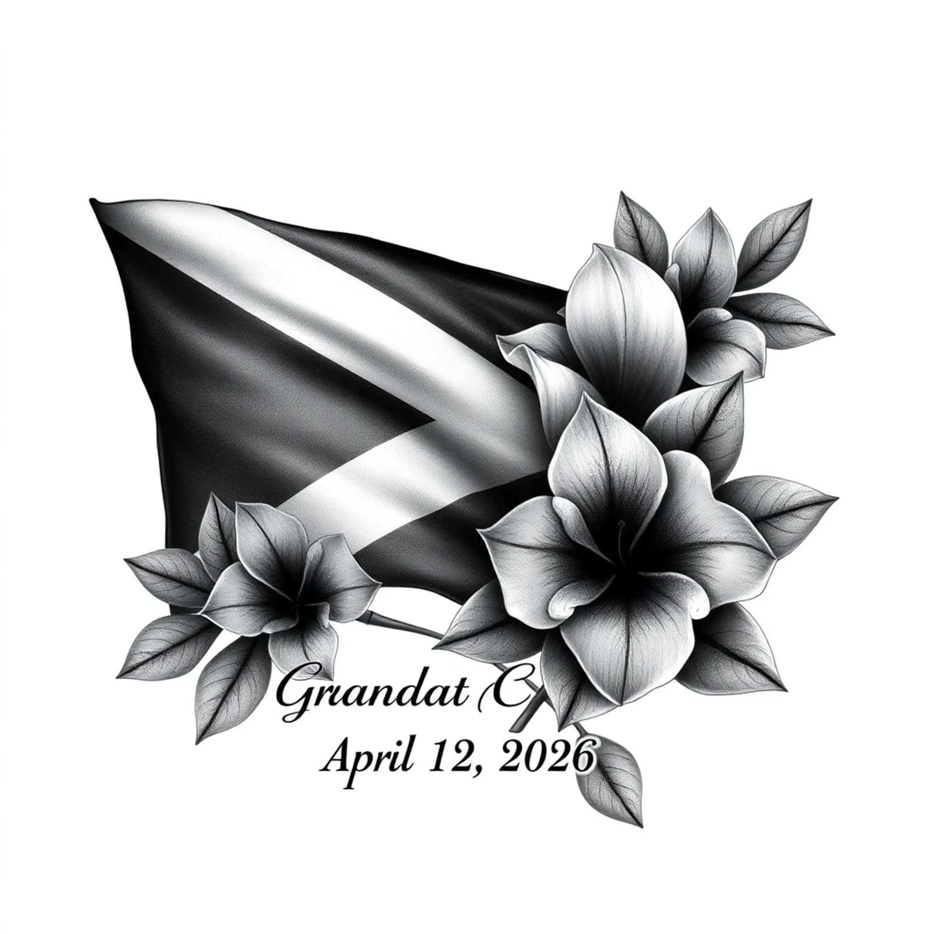 Realism tattoo: Add Jamaican flag, add name: Grandpa Chris, Add date: April 25, 2026 and add Lignum Vitae flowers, add colors