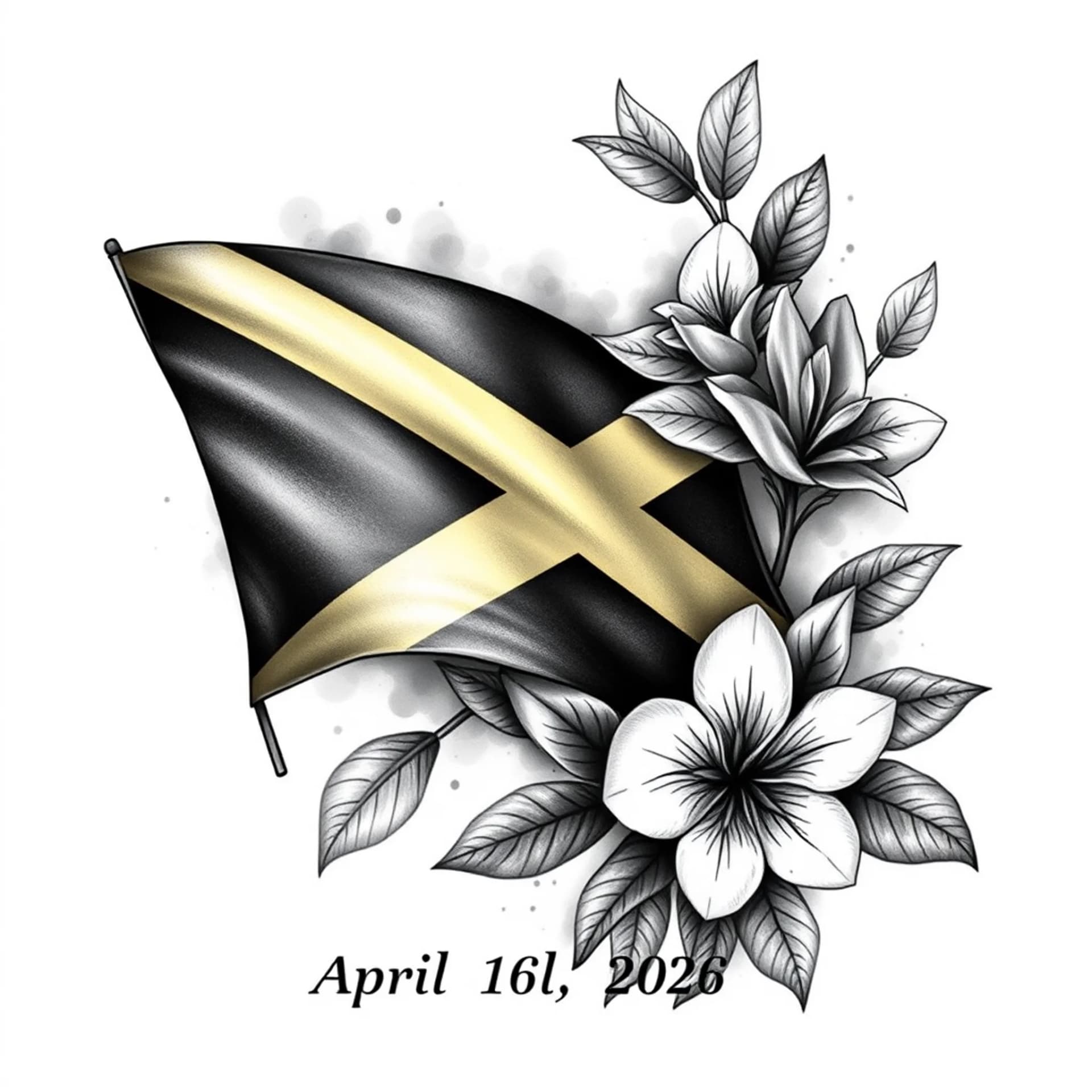 Realism tattoo: Add Jamaican flag, add name: Grandpa Chris, Add date: April 25, 2026 and add Lignum Vitae flowers, add colors