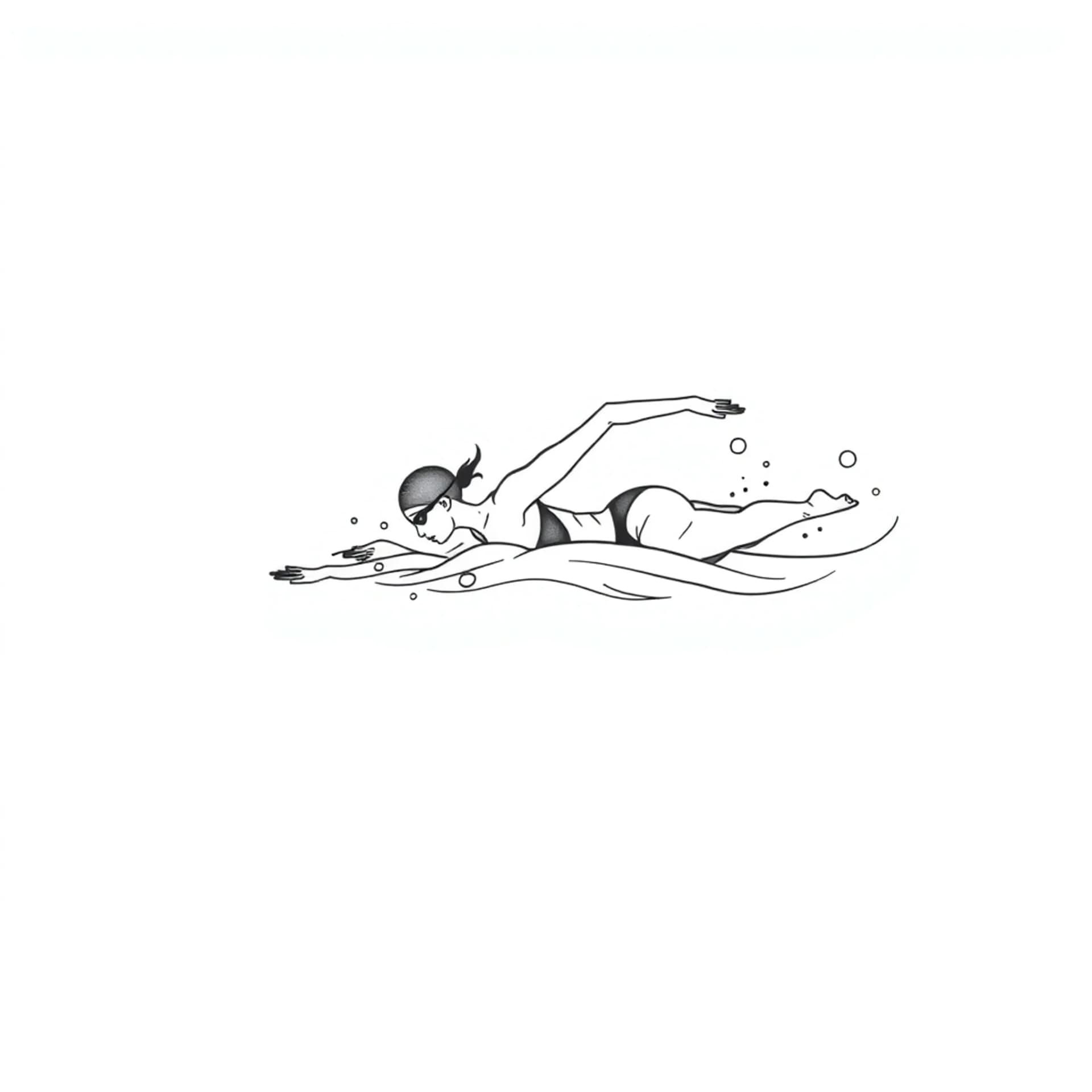 Black And Grey tattoo: Delicate fineline vertical tattoo design inspired by water/ocean/swimming. Elegant flowing swirl ink lines like liquid patterns, creating movement. Subtle waves, ripples, soft water textures. Minimal female professional swimmer in freestyle pose symbolizing strength and discipline. Body mostly clean, loosely connected to surrounding water lines flowing around her. Fine thin lines, minimal, abstract, balanced. Black ink only, no/light shading. White background, stencil style.