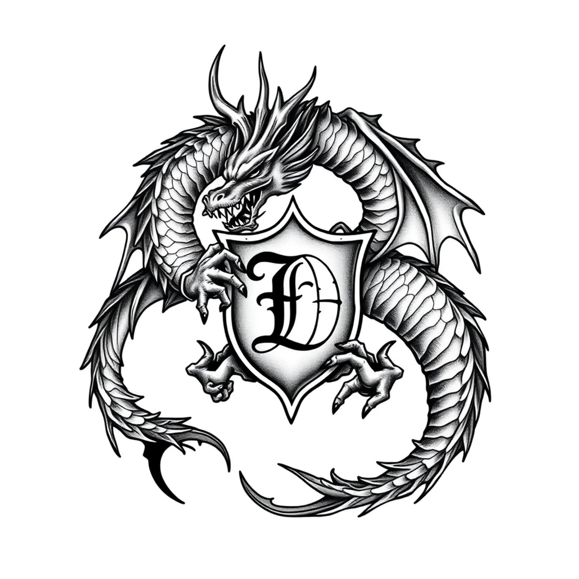 Black And Grey tattoo: A magestic dragon wrapping around my family emblem, a masculine crest with a D inside it