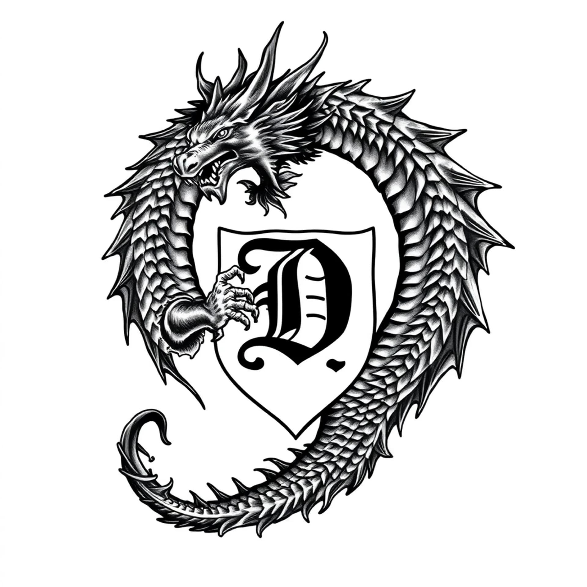 Black And Grey tattoo: A magestic dragon wrapping around my family emblem, a masculine crest with a D inside it, the dragon must be wrapping around the D