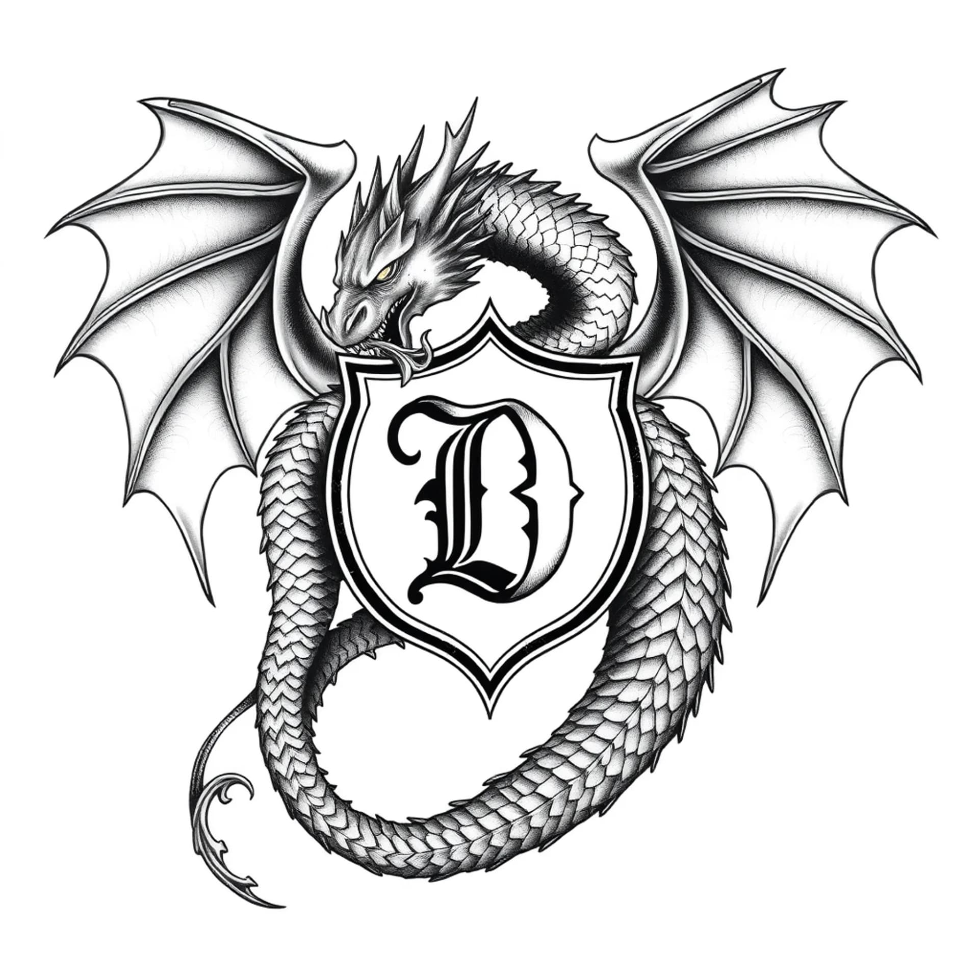 Black And Grey tattoo: A magestic dragon wrapping around my family emblem, a masculine crest with a D inside it, the dragon must be wrapping around the D, the D should only be semi visible or inbetween the dragon