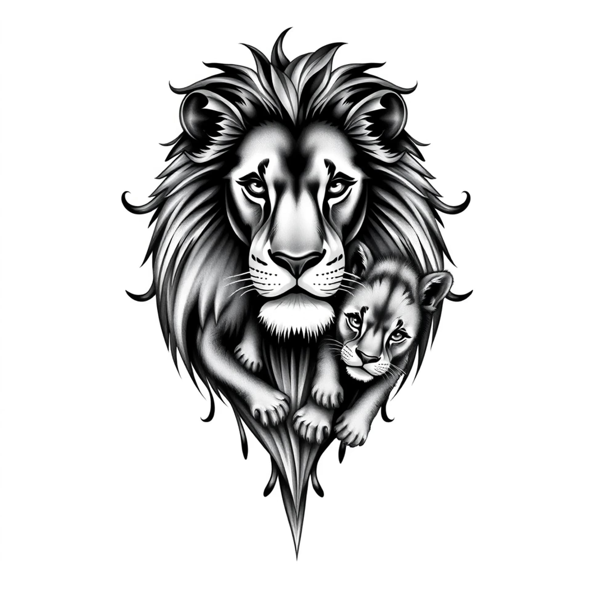 Black And Grey tattoo: Lion with 2 cubs