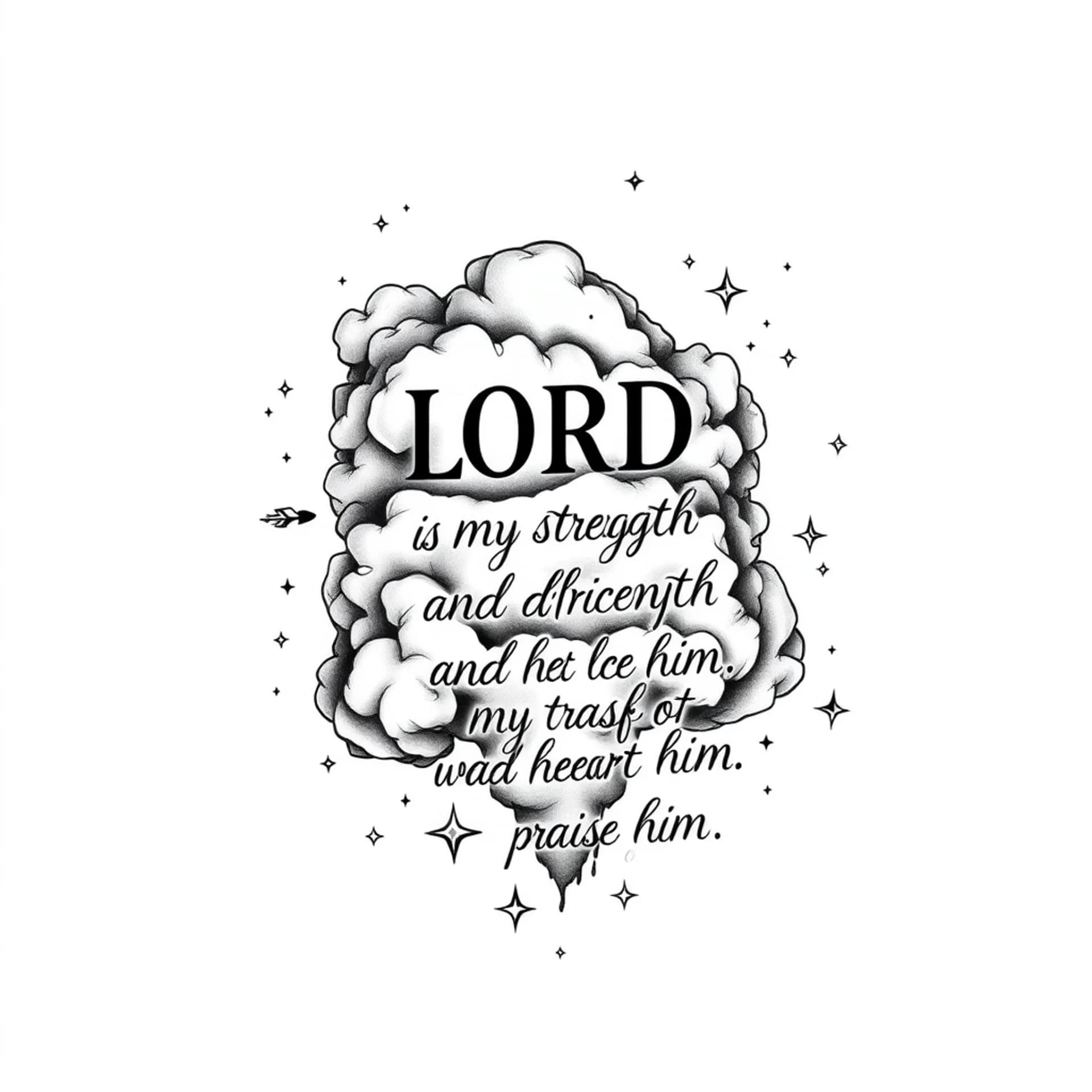 Black And Grey tattoo: Make a tattoo with ripped clouds and a quote “ The LORD is my strength and my shield; my heart trusts in him, and he helps me. My heart leaps for joy, and with my song I praise him” and stars