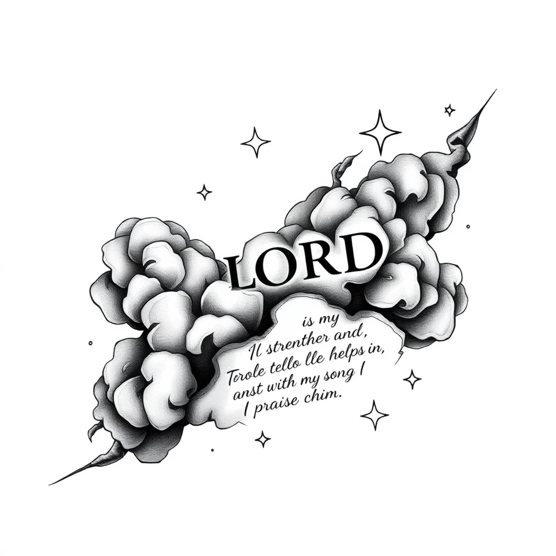 Black And Grey tattoo: Make a tattoo with ripped clouds and a quote “ The LORD is my strength and my shield; my heart trusts in him, and he helps me. My heart leaps for joy, and with my song I praise him” and stars