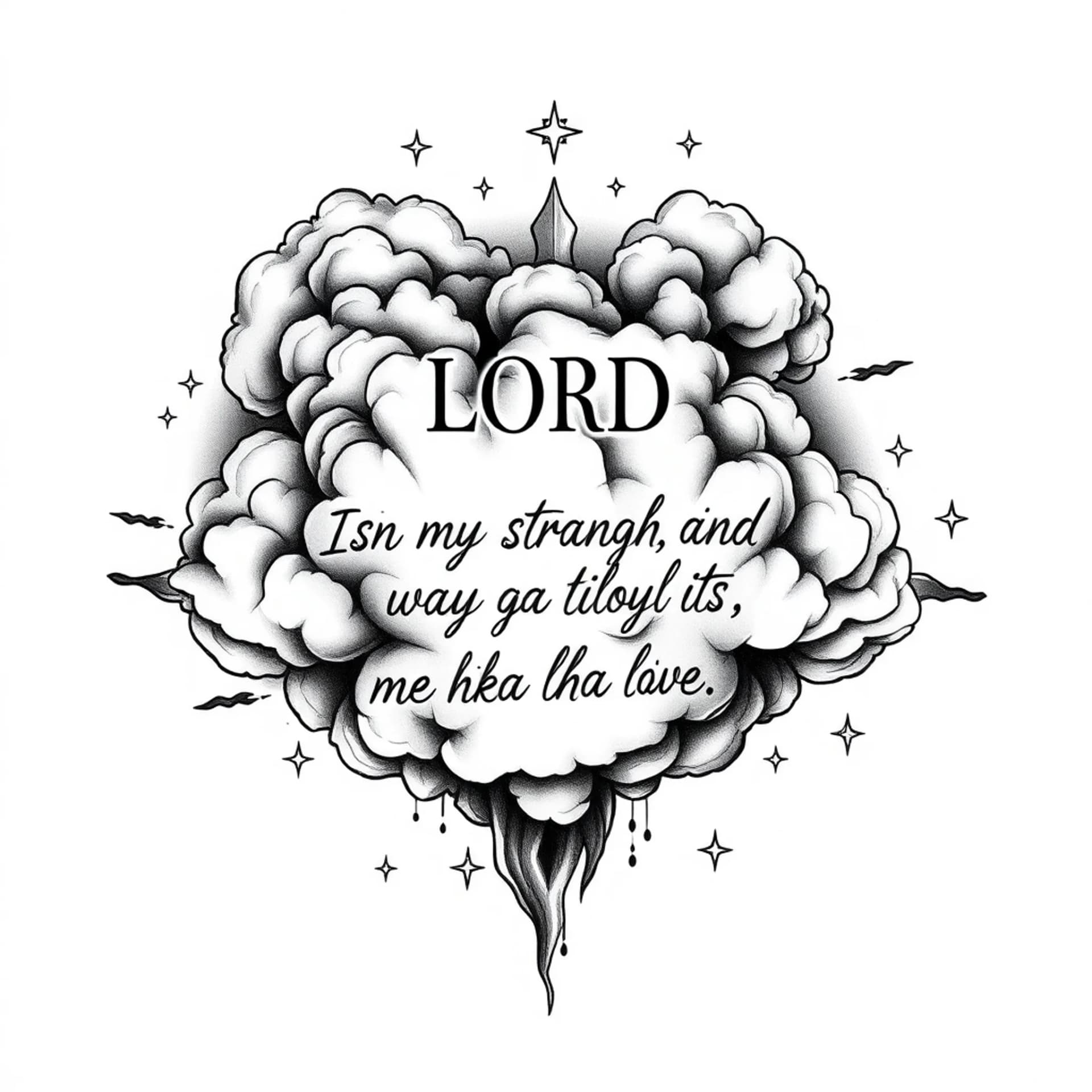 Black And Grey tattoo: Make a tattoo with ripped clouds and a quote “ The LORD is my strength and my shield; my heart trusts in him, and he helps me. My heart leaps for joy, and with my song I praise him” and stars