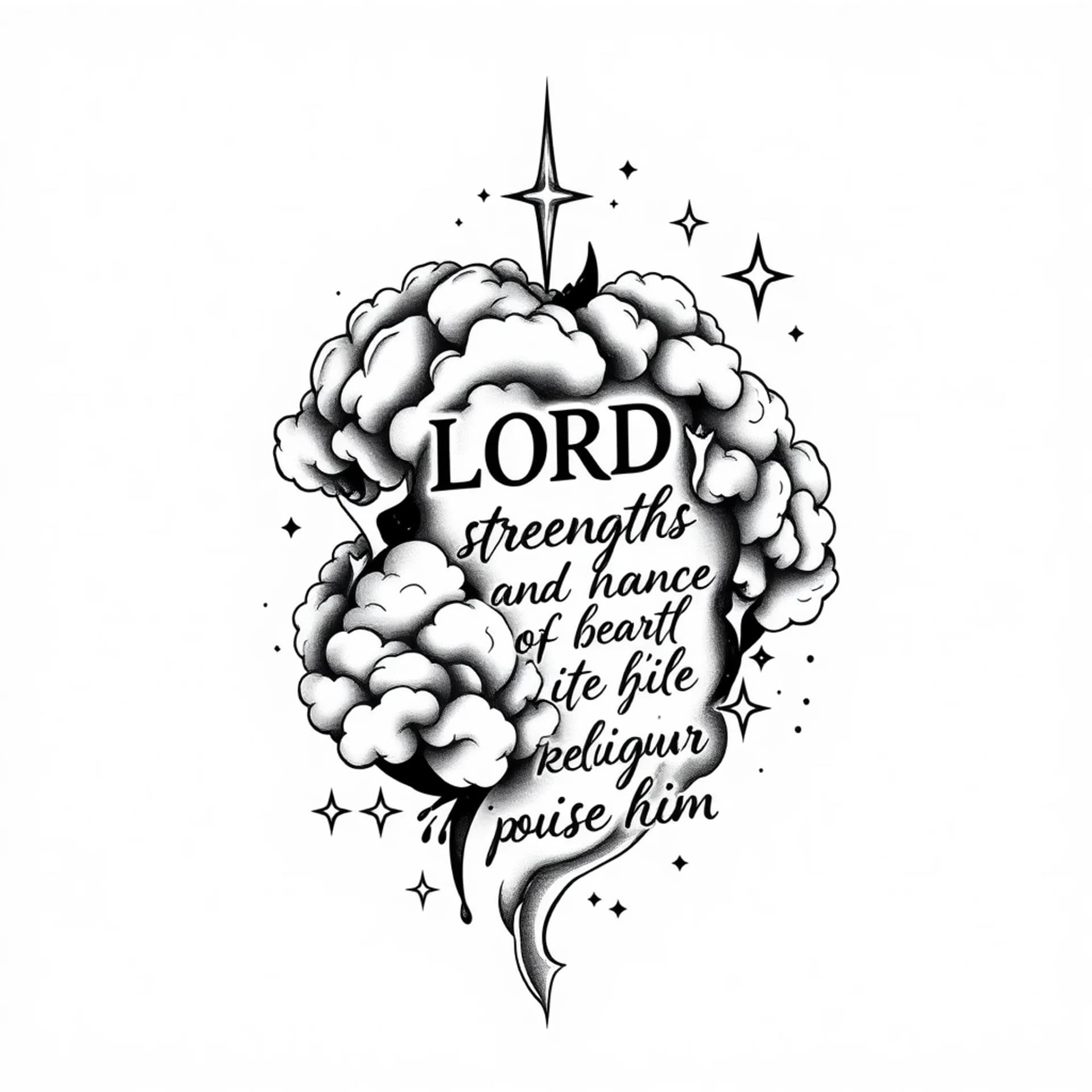 Black And Grey tattoo: Make a tattoo with ripped clouds and a quote “ The LORD is my strength and my shield; my heart trusts in him, and he helps me. My heart leaps for joy, and with my song I praise him” and stars