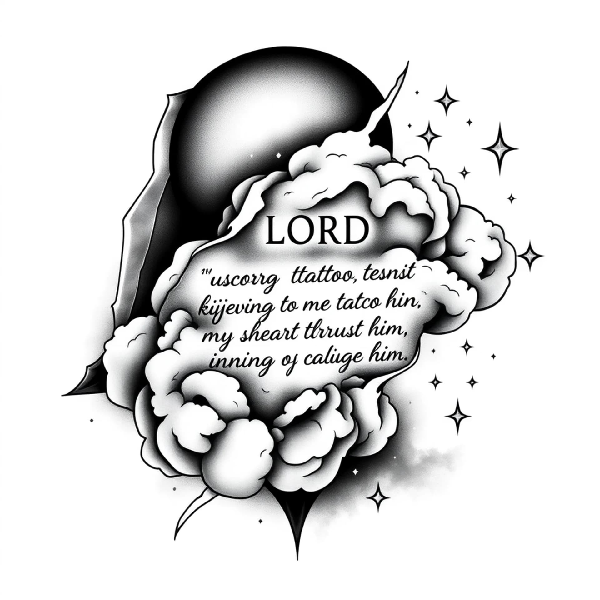 Black And Grey tattoo: Make a tattoo with ripped clouds and a quote “ The LORD is my strength and my shield; my heart trusts in him, and he helps me. My heart leaps for joy, and with my song I praise him” and stars