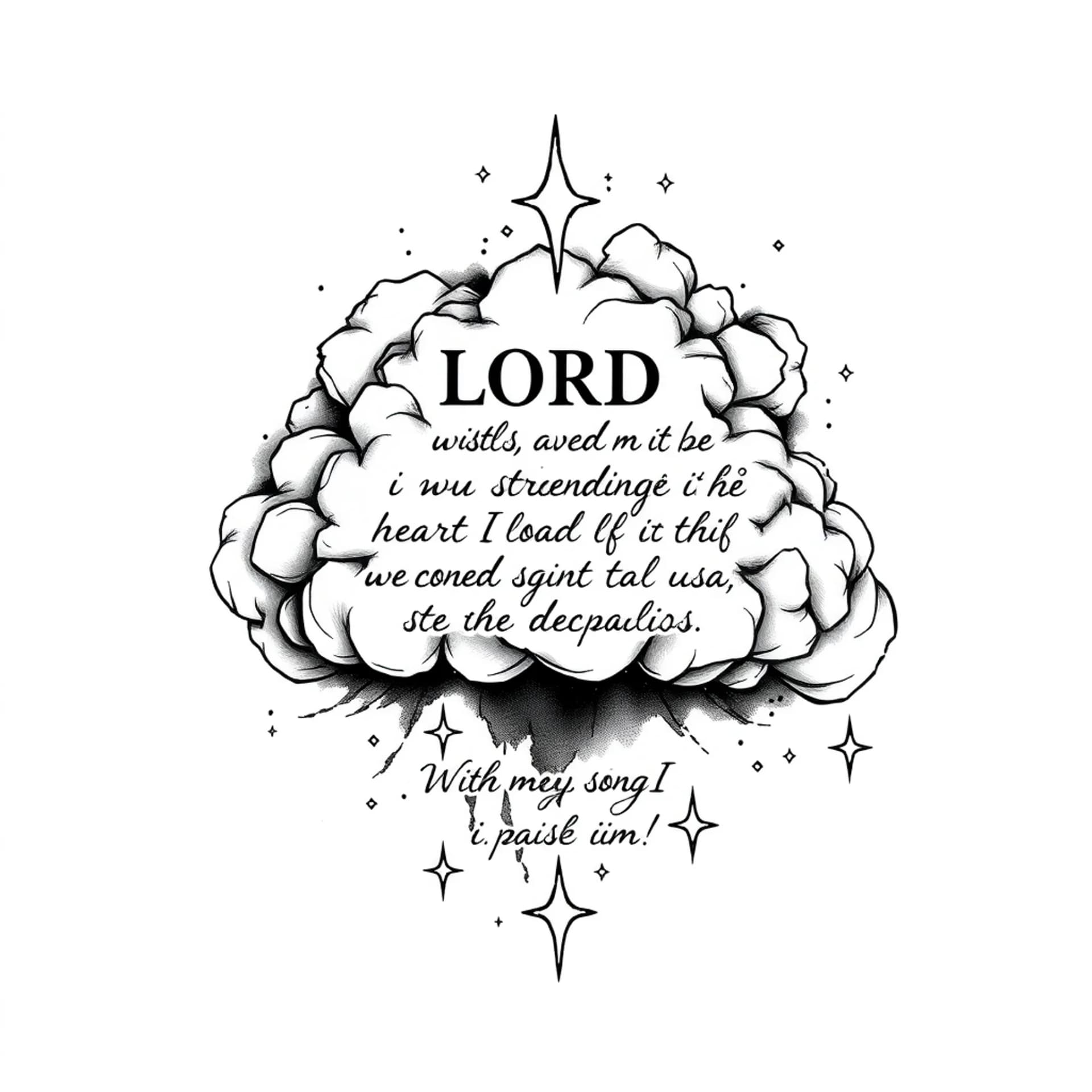 Black And Grey tattoo: Make a tattoo with ripped clouds and a quote “ The LORD is my strength and my shield; my heart trusts in him, and he helps me. My heart leaps for joy, and with my song I praise him” and stars