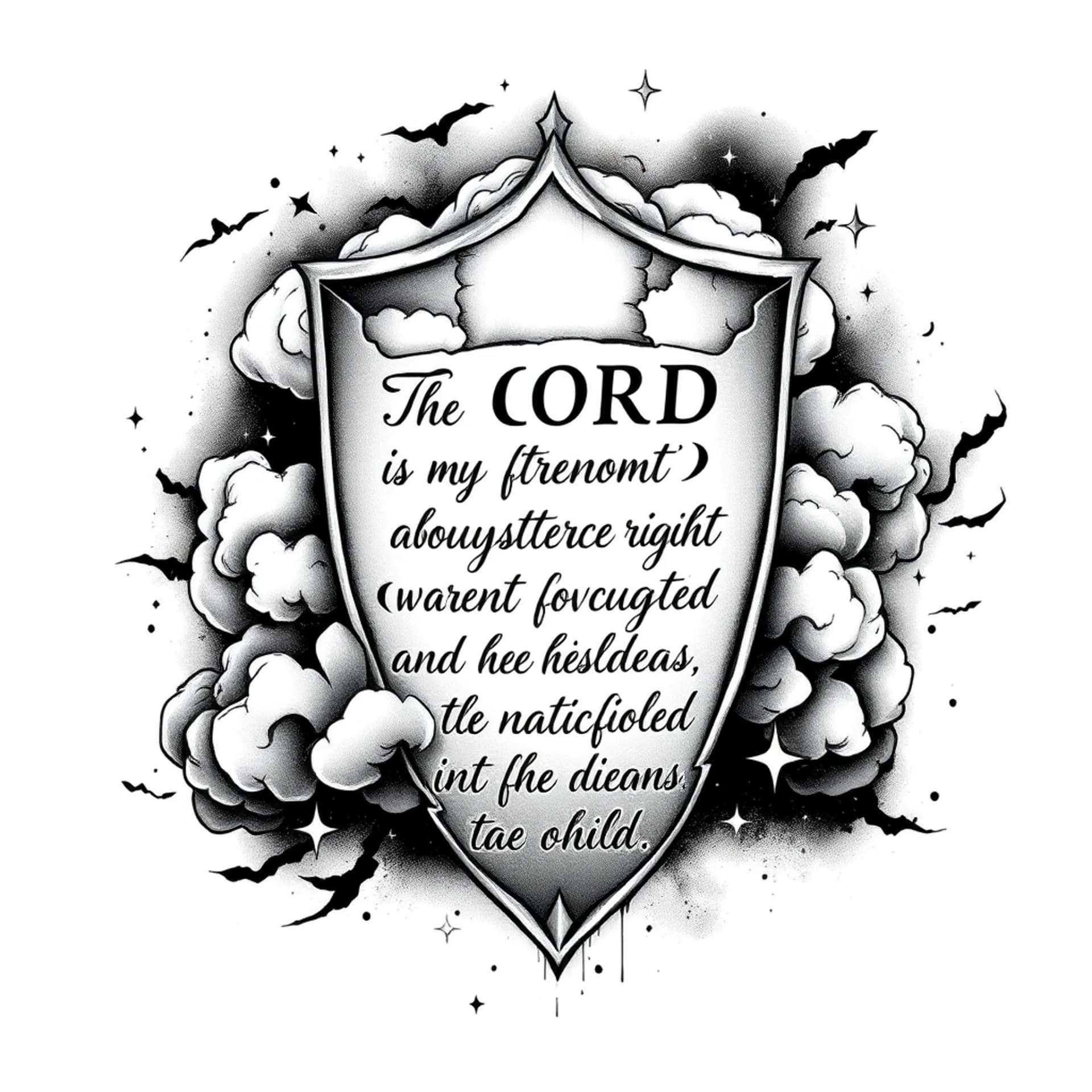 Black And Grey tattoo: Make a tattoo with ripped clouds and a quote “ The LORD is my strength and my shield; my heart trusts in him, and he helps me. My heart leaps for joy, and with my song I praise him” and stars
