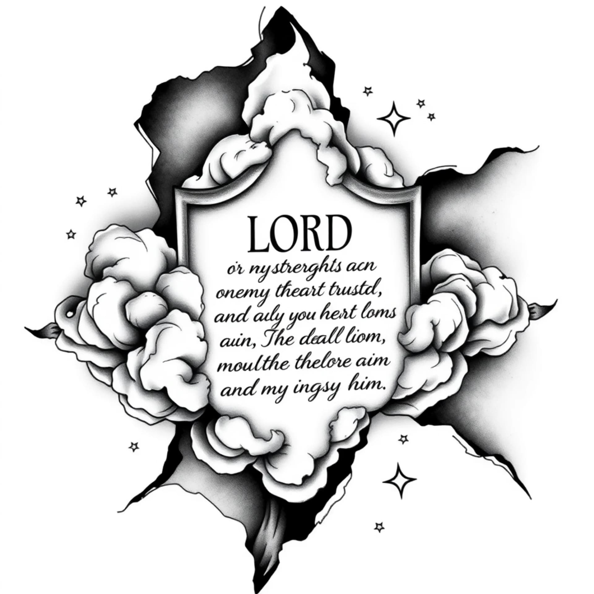 Black And Grey tattoo: Make a tattoo with ripped clouds and a quote “ The LORD is my strength and my shield; my heart trusts in him, and he helps me. My heart leaps for joy, and with my song I praise him” and stars