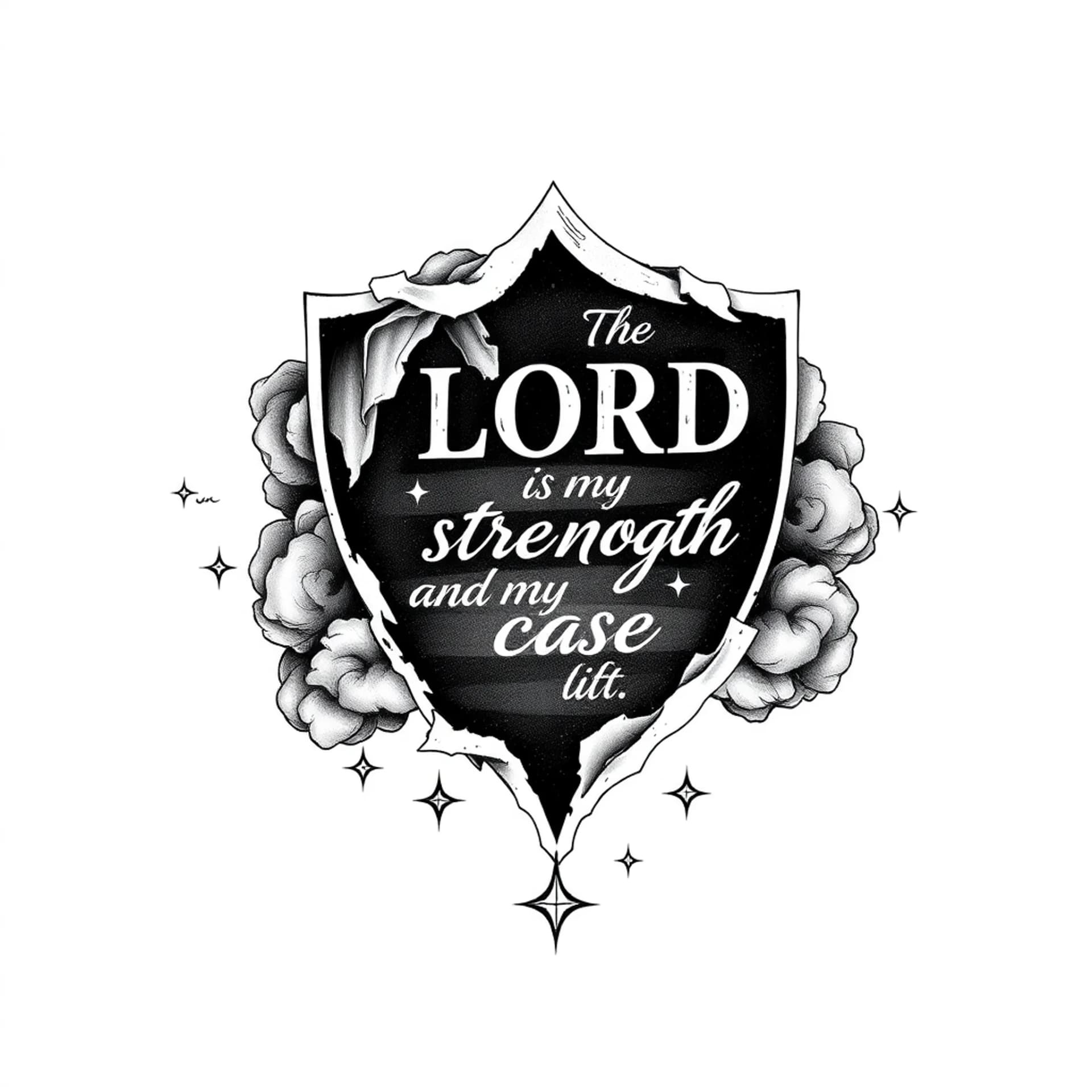 Black And Grey tattoo: Make a tattoo with ripped clouds and a quote “ The LORD is my strength and my shield; my heart trusts in him, and he helps me. My heart leaps for joy, and with my song I praise him” and stars