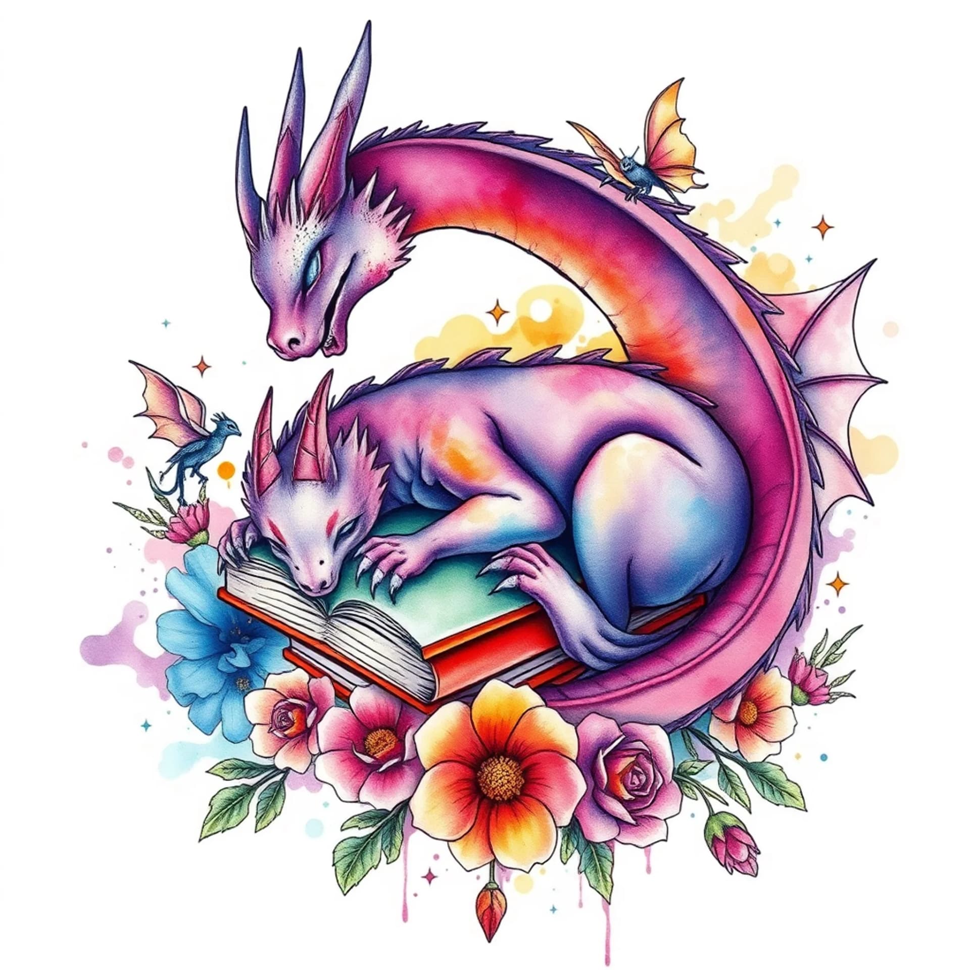 Watercolor tattoo: A sleeping purple dragon, books, fairies, gargoyles, flowers and stars