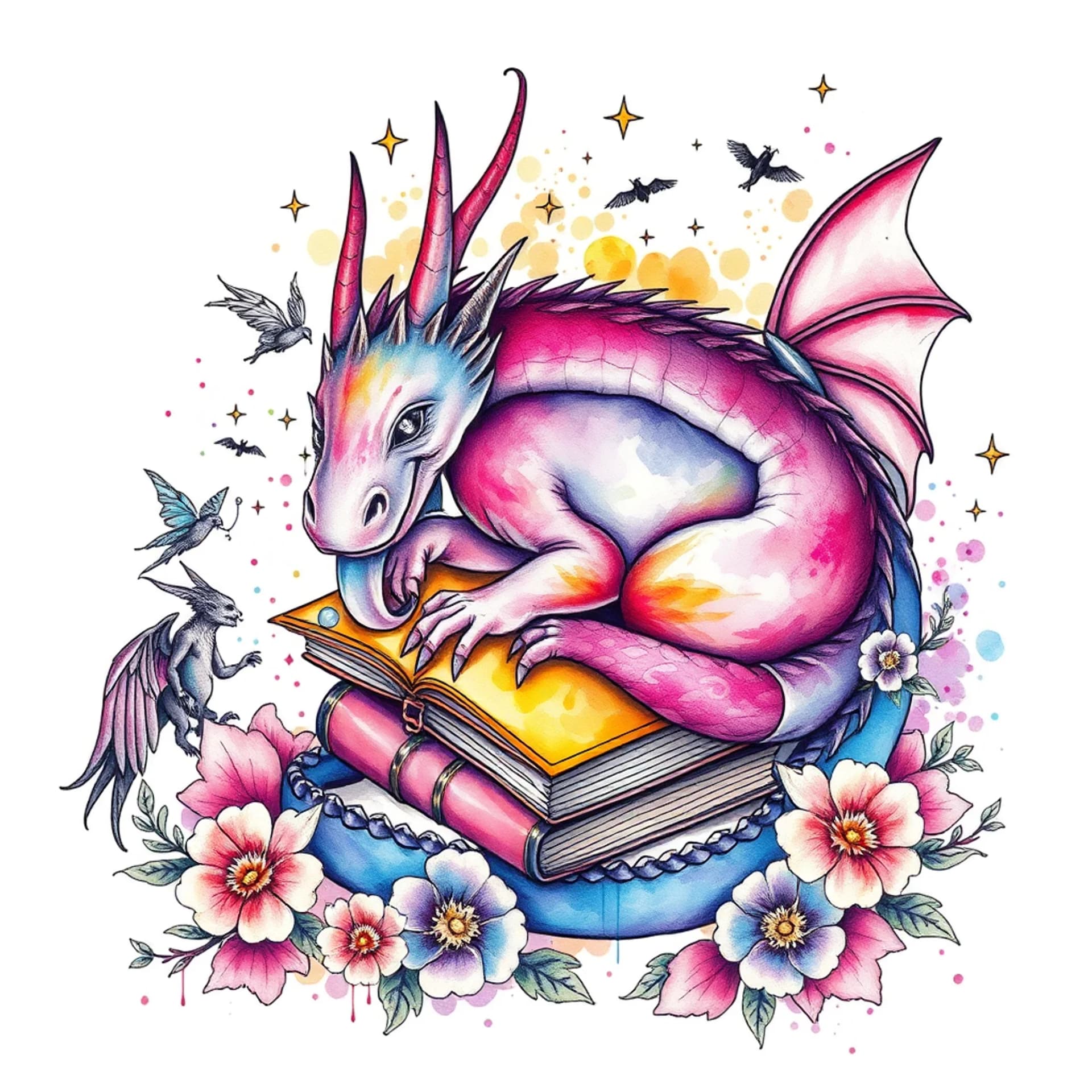 Watercolor tattoo: A sleeping purple dragon, books, fairies, gargoyles, flowers and stars