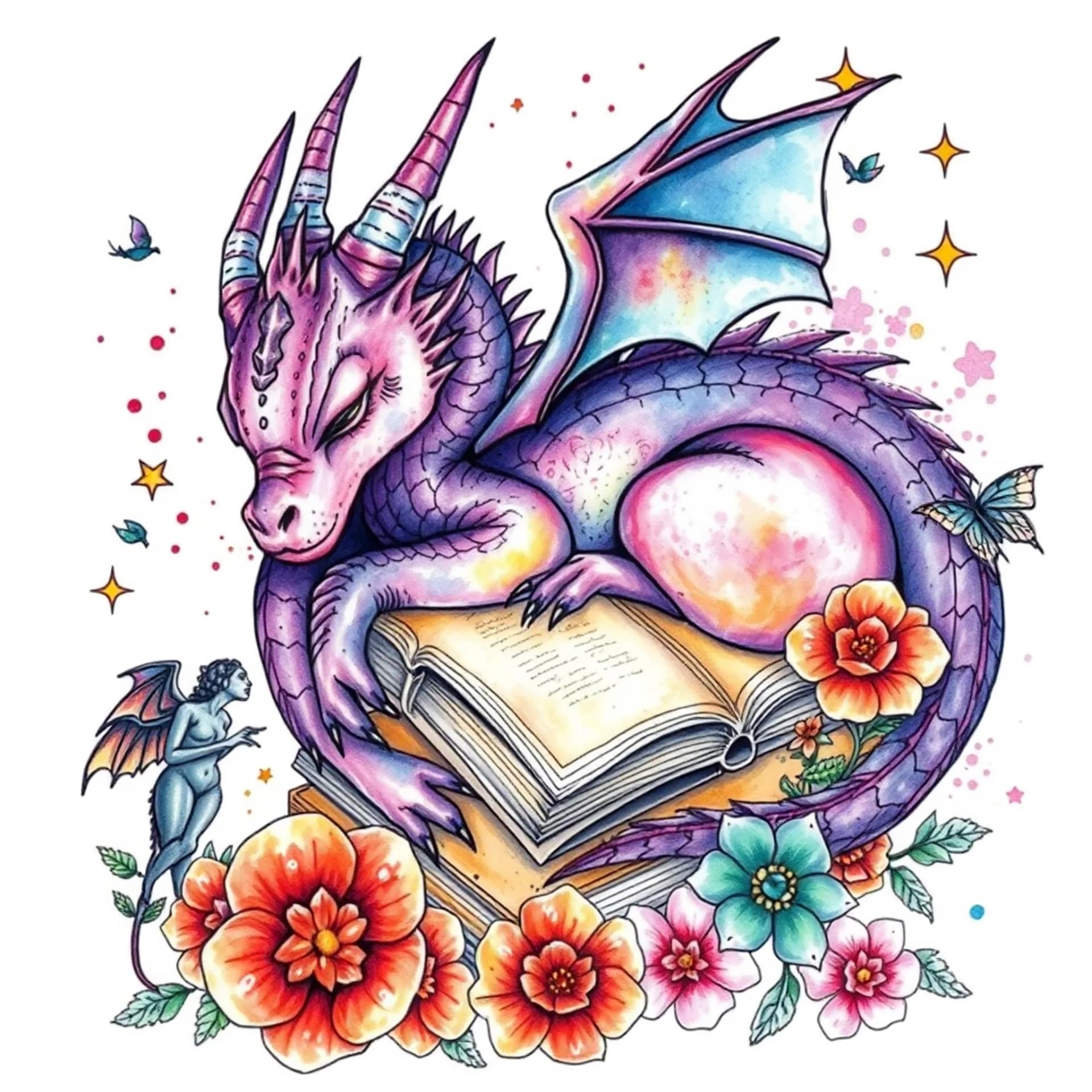 Watercolor tattoo: A sleeping purple dragon, books, fairies, gargoyles, flowers and stars