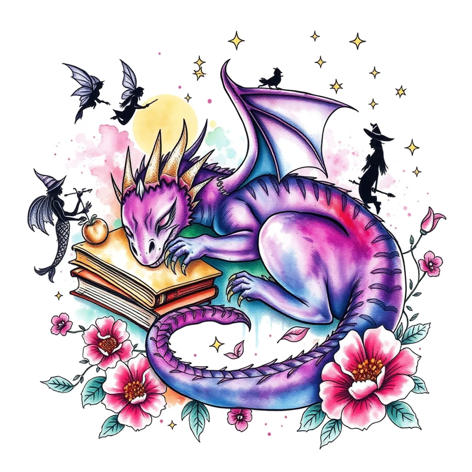 Watercolor tattoo: A sleeping purple dragon, books, witches, fairies, gargoyles, mermaid, flowers and stars