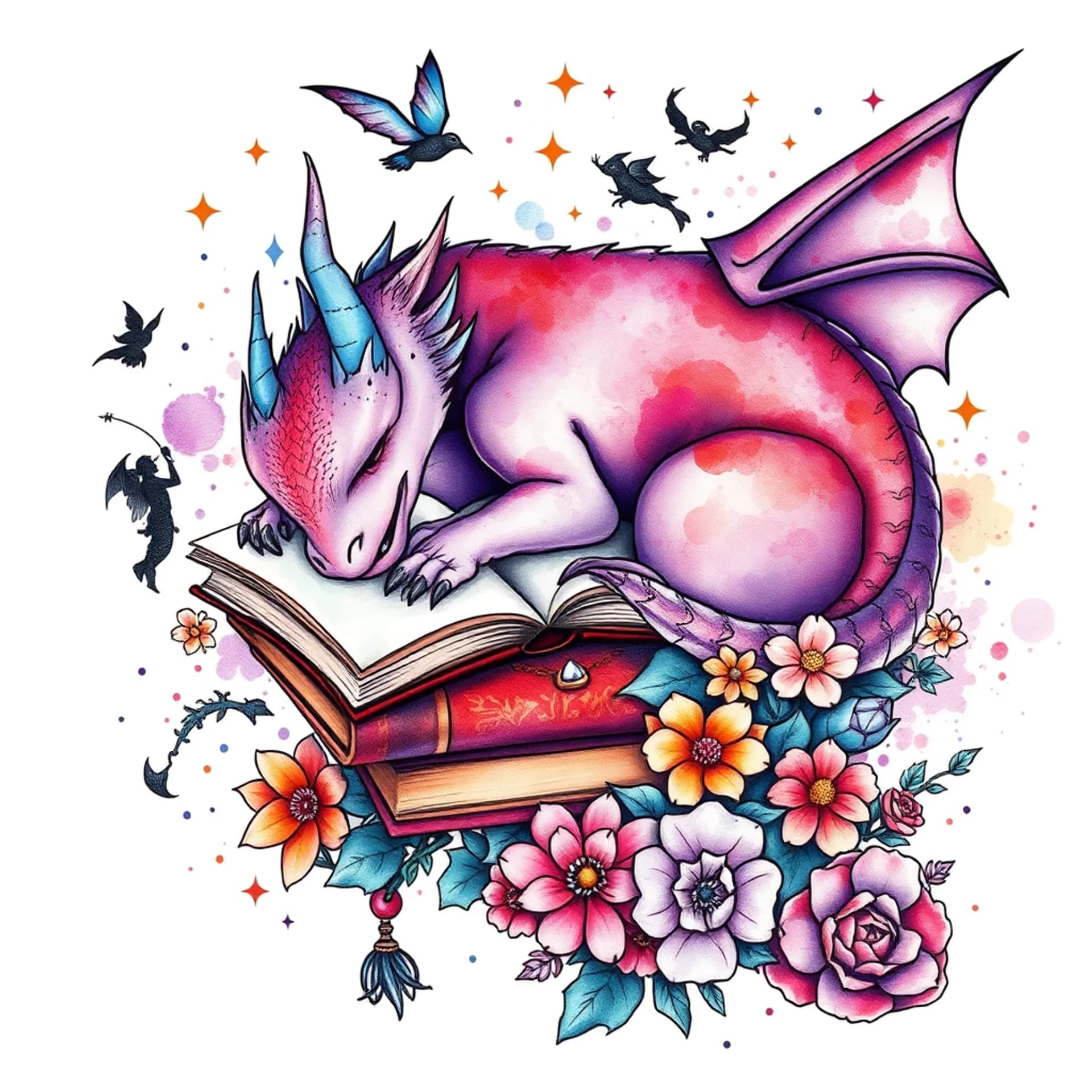 Watercolor tattoo: A sleeping purple dragon, books, witches, fairies, gargoyles, mermaid, flowers and stars