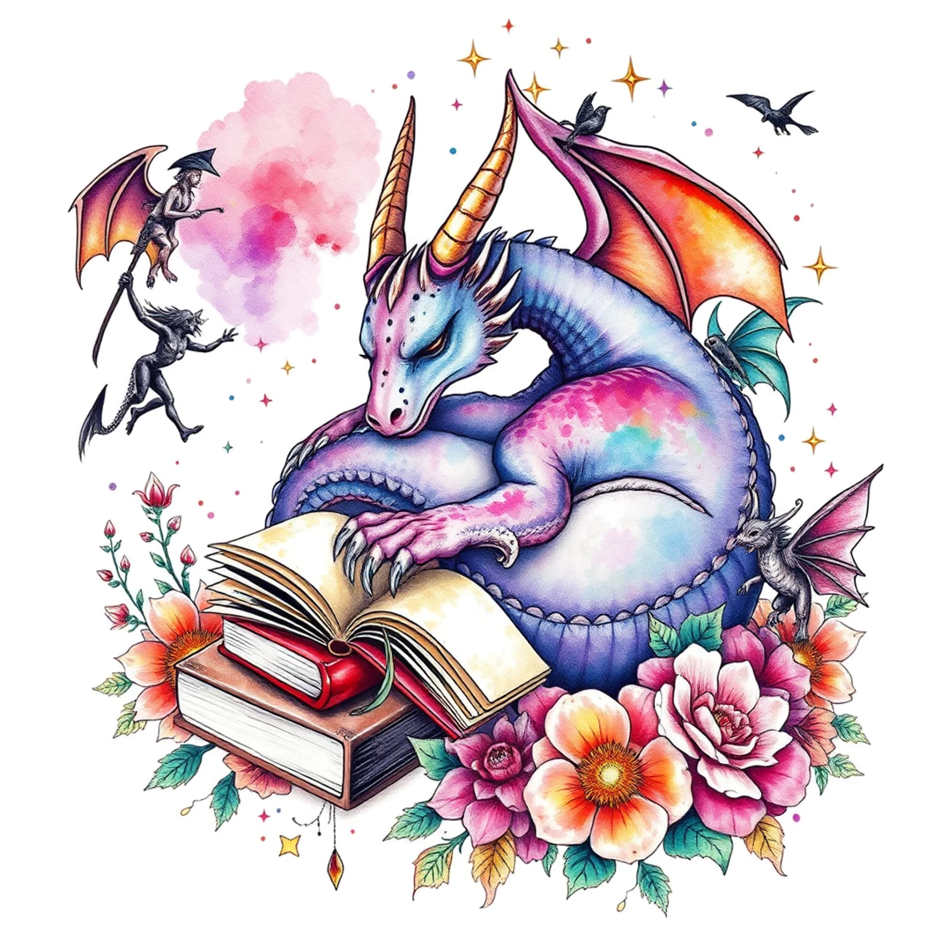 Watercolor tattoo: A sleeping purple dragon, books, witches, fairies, gargoyles, flowers and stars
