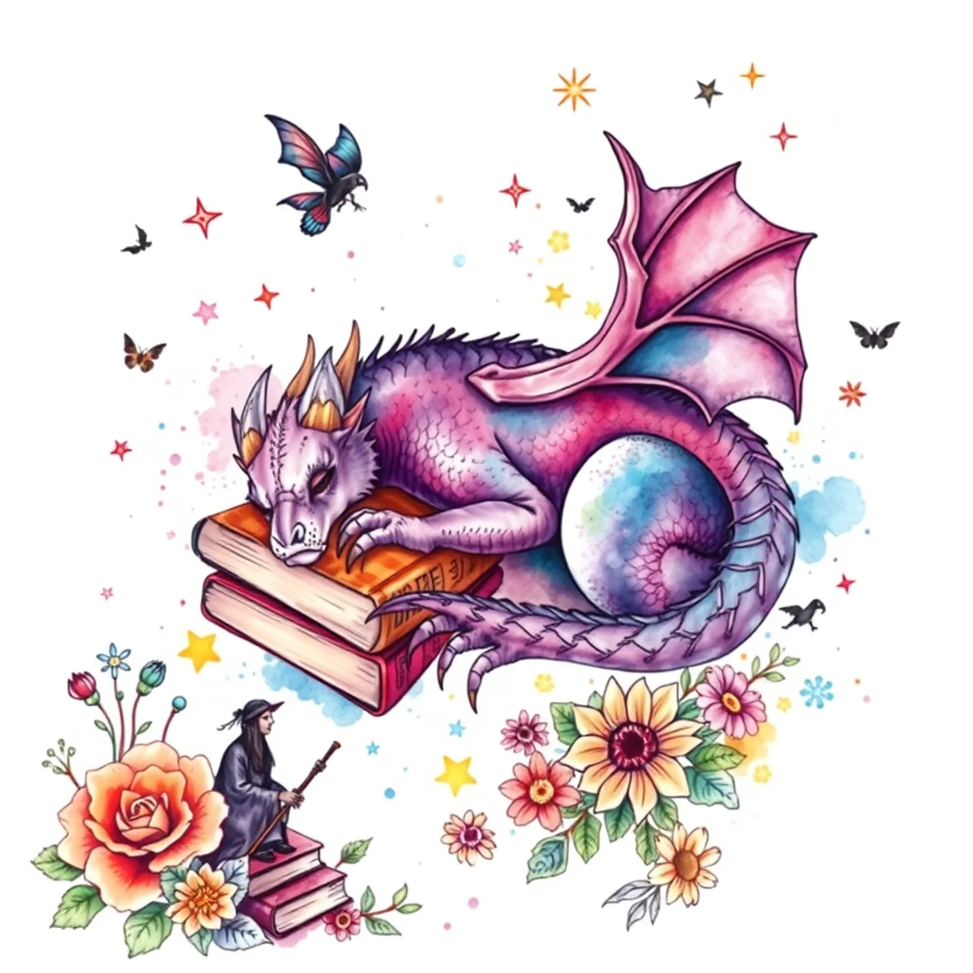 Watercolor tattoo: A sleeping purple dragon, books, witches, fairies, gargoyles, flowers and stars