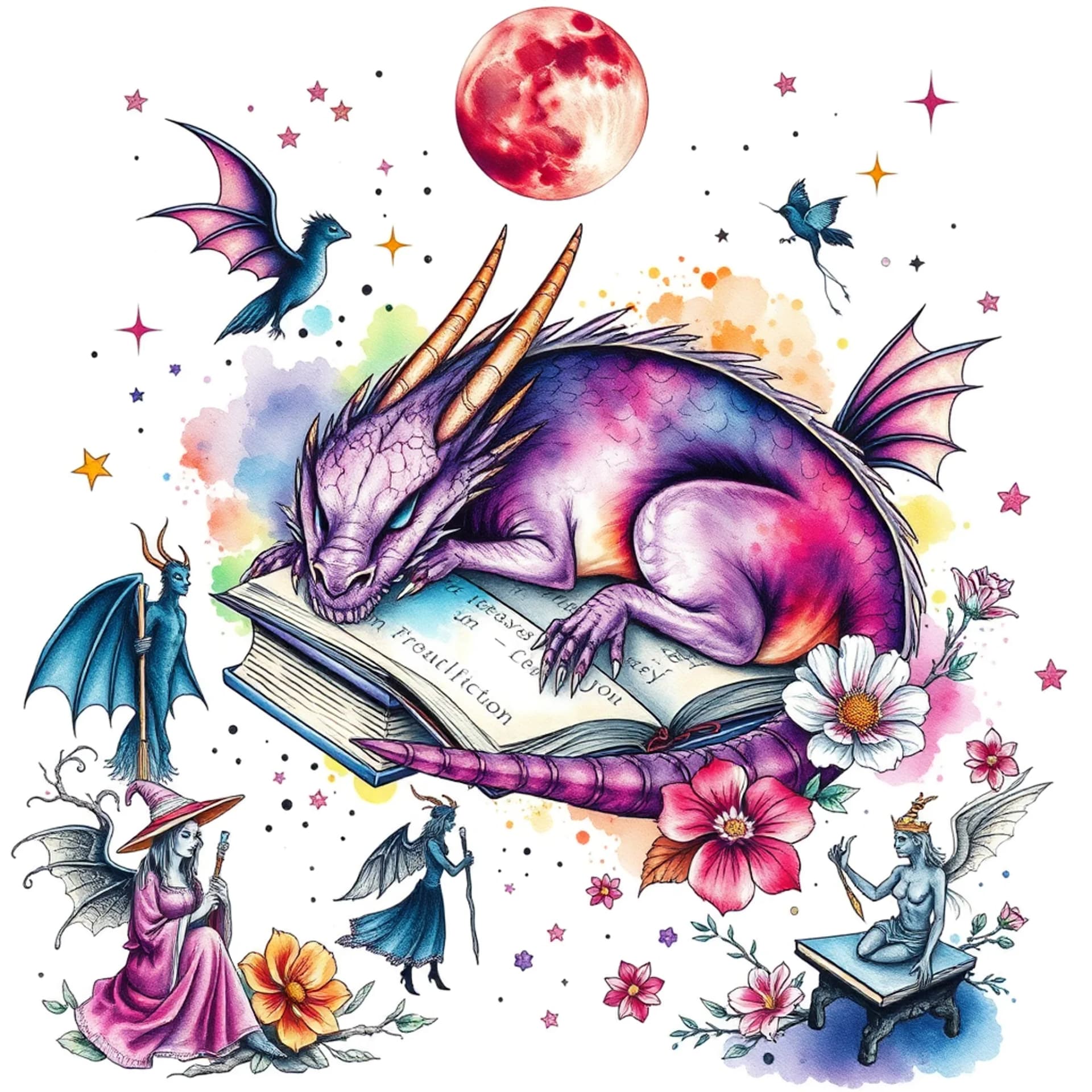 Watercolor tattoo: A sleeping purple dragon, books, witches, fairies, gargoyles, flowers and stars