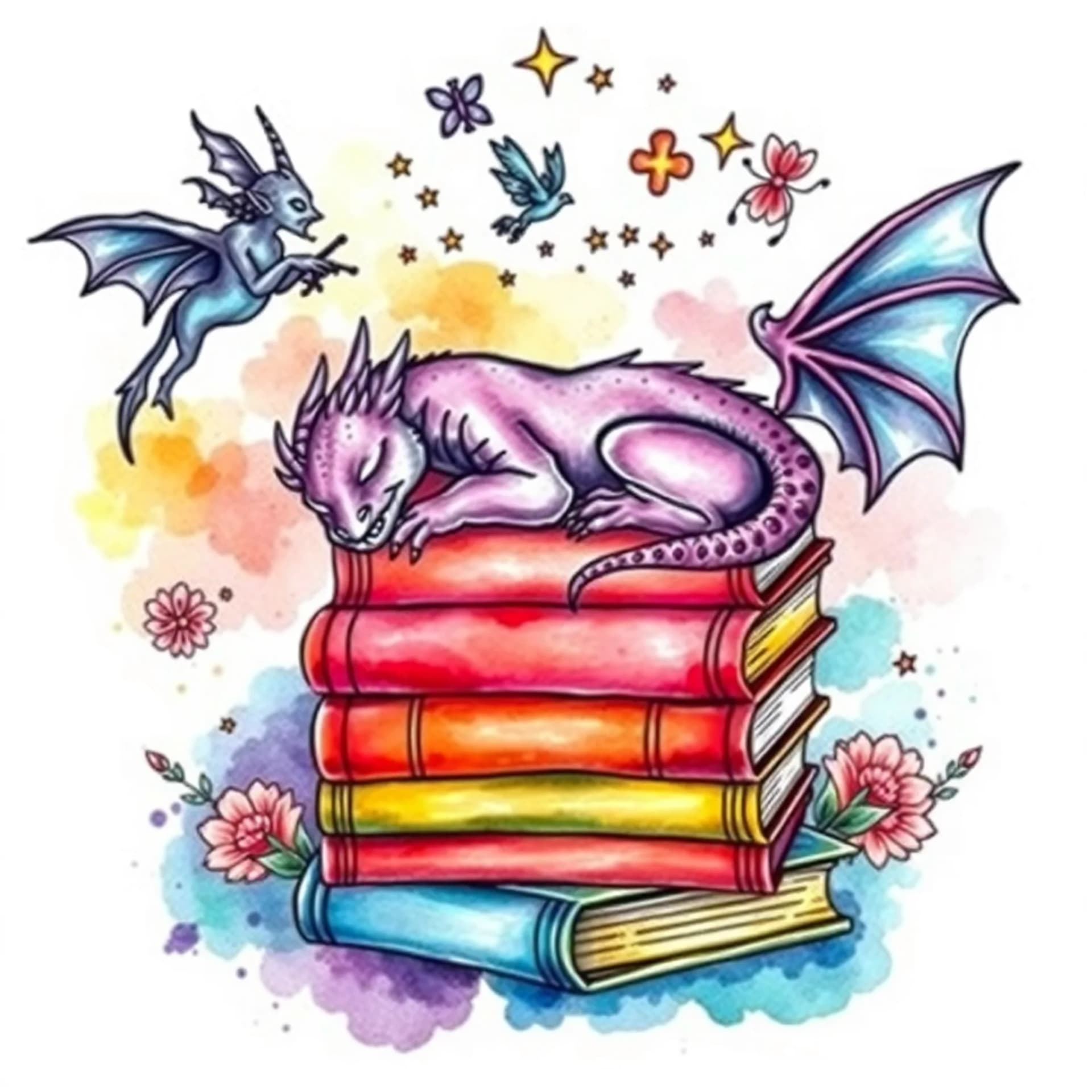 Watercolor tattoo: A stack of books with a sleeping purple dragon, flying witches, fairies, gargoyles above with flowers and stars