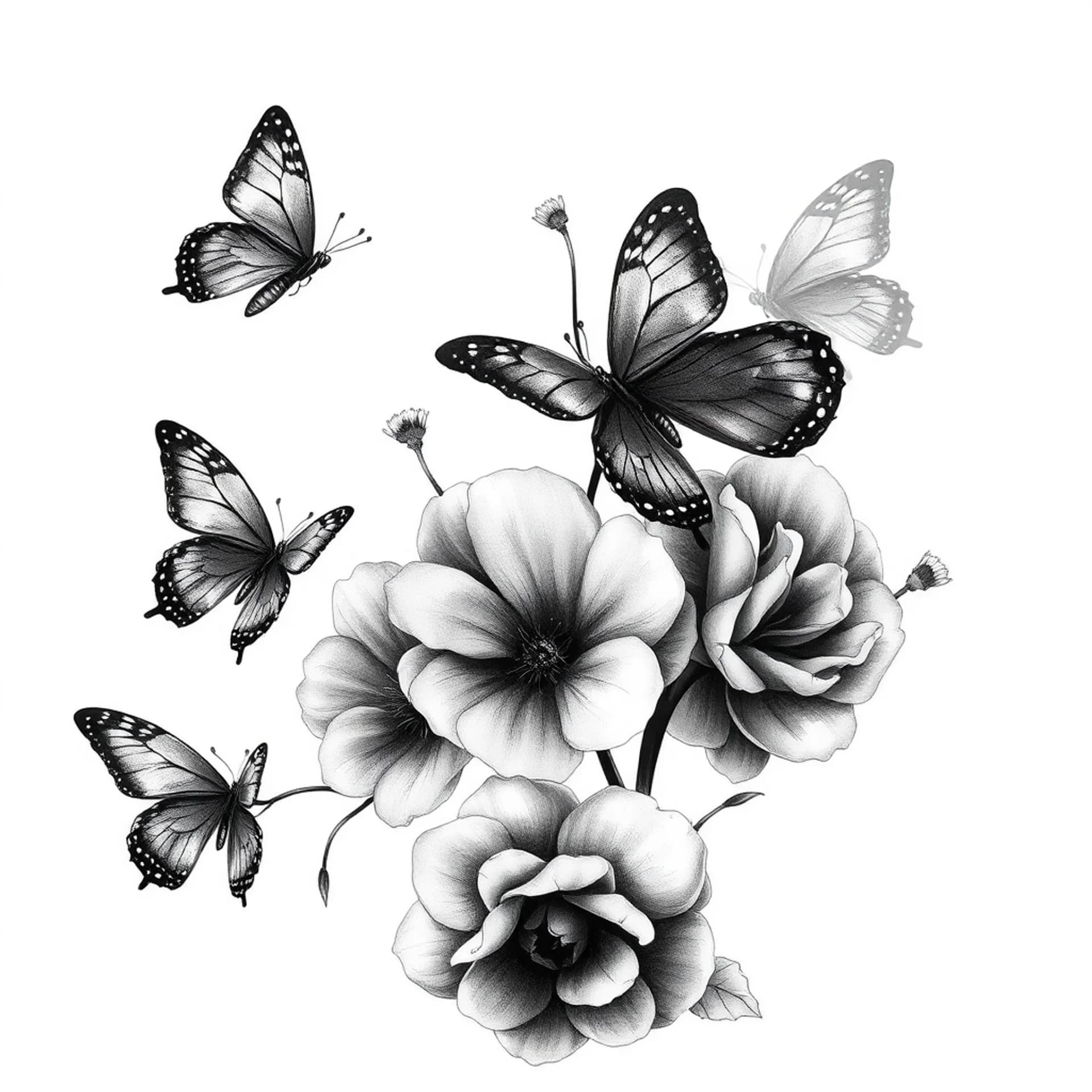 Realism tattoo: Upper back minimalist feminine tattoo with flowers and 3 butterflies
