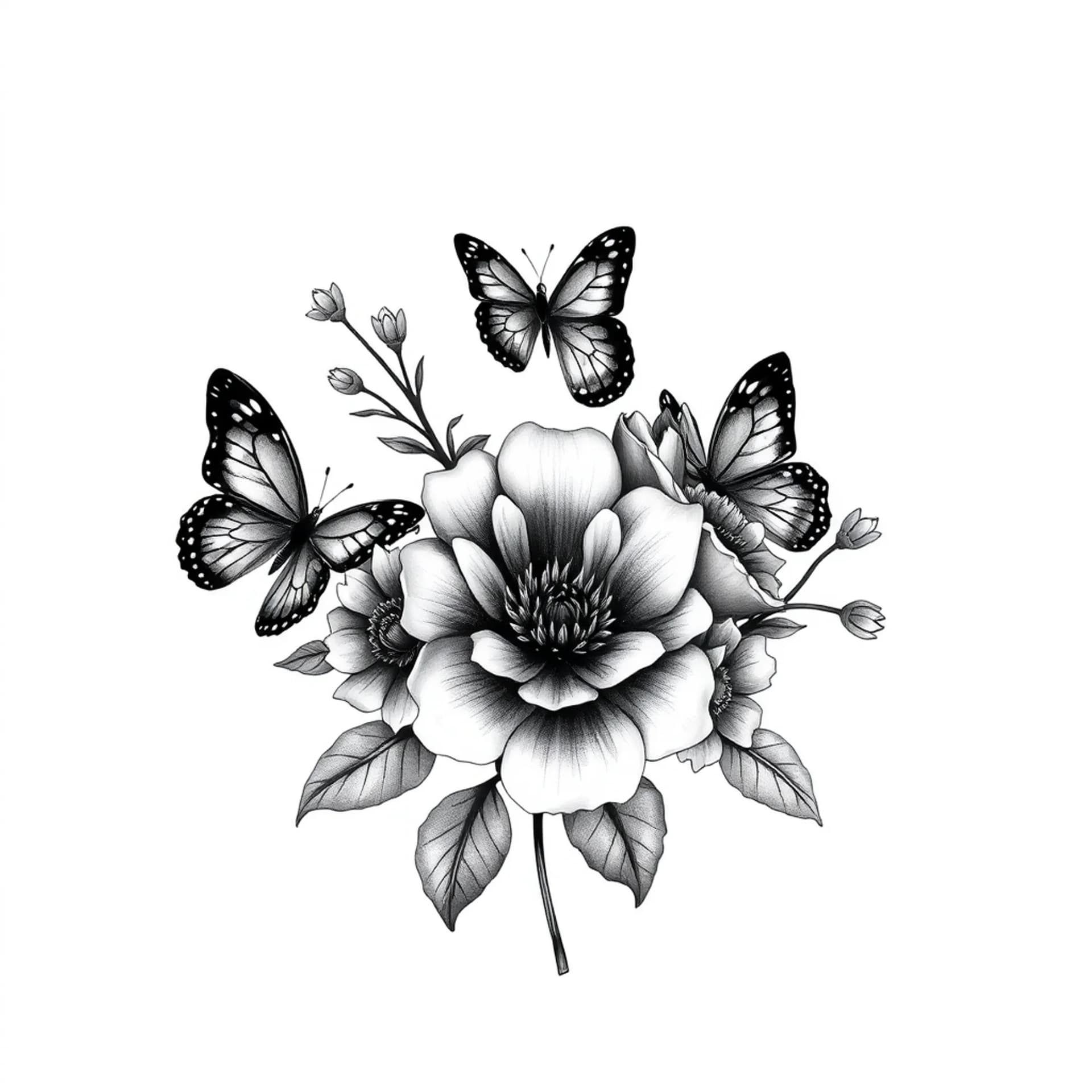 Realism tattoo: Upper back minimalist feminine tattoo with flowers and 3 butterflies