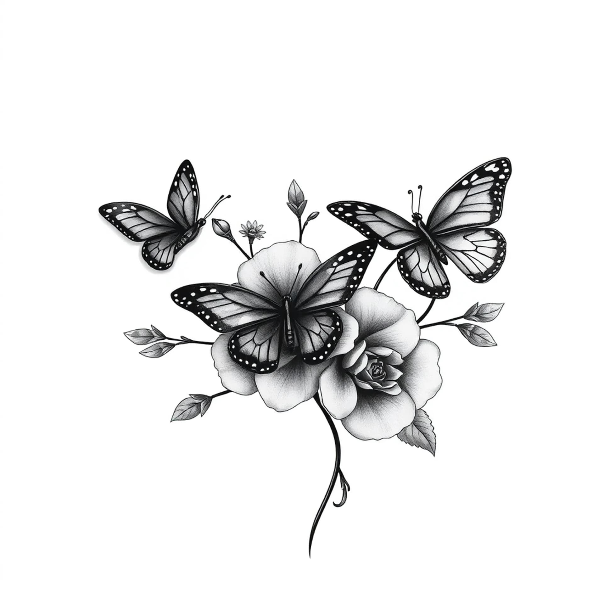 Realism tattoo: Upper back minimalist feminine tattoo with flowers and 3 butterflies