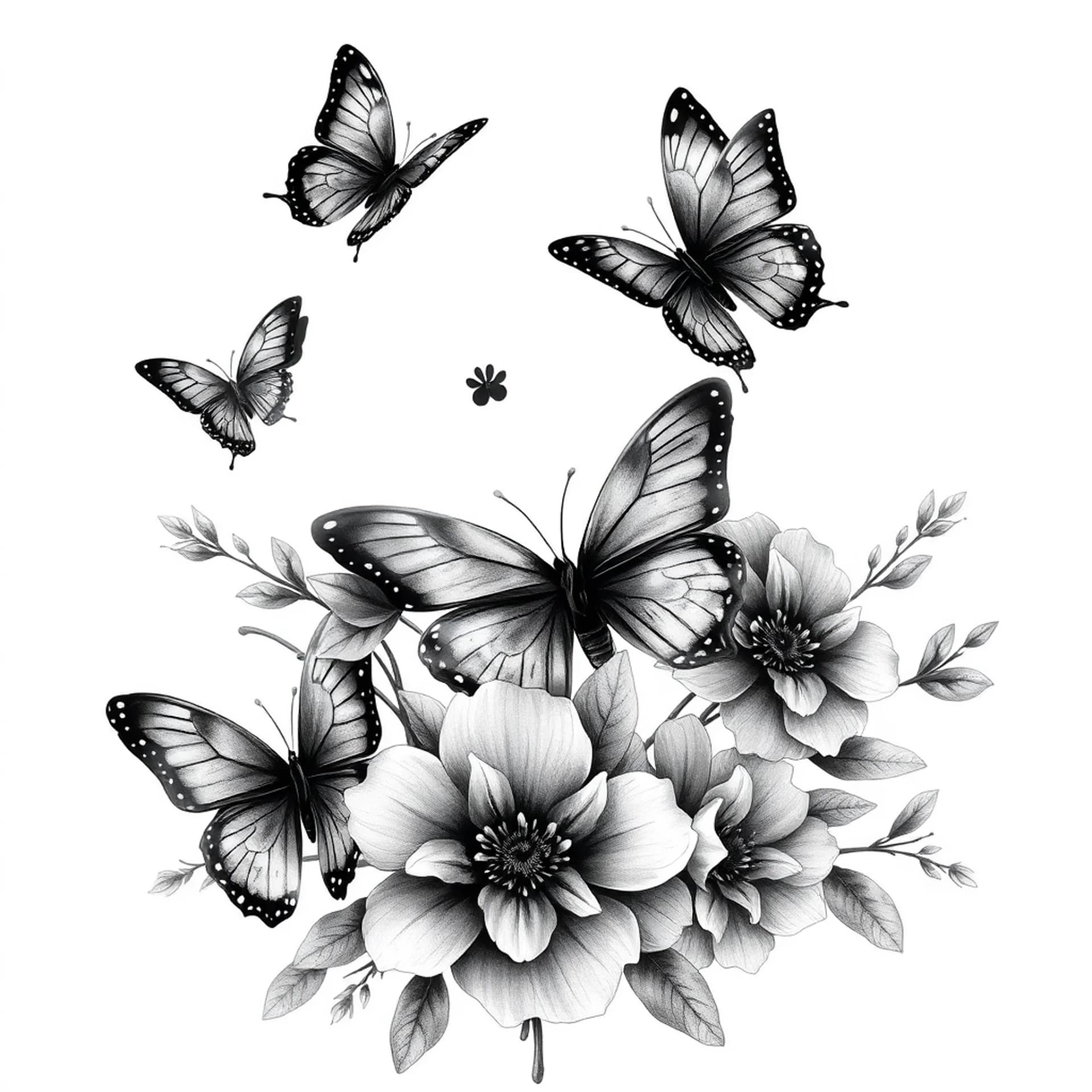 Realism tattoo: Upper back minimalist feminine tattoo with flowers and 3 butterflies