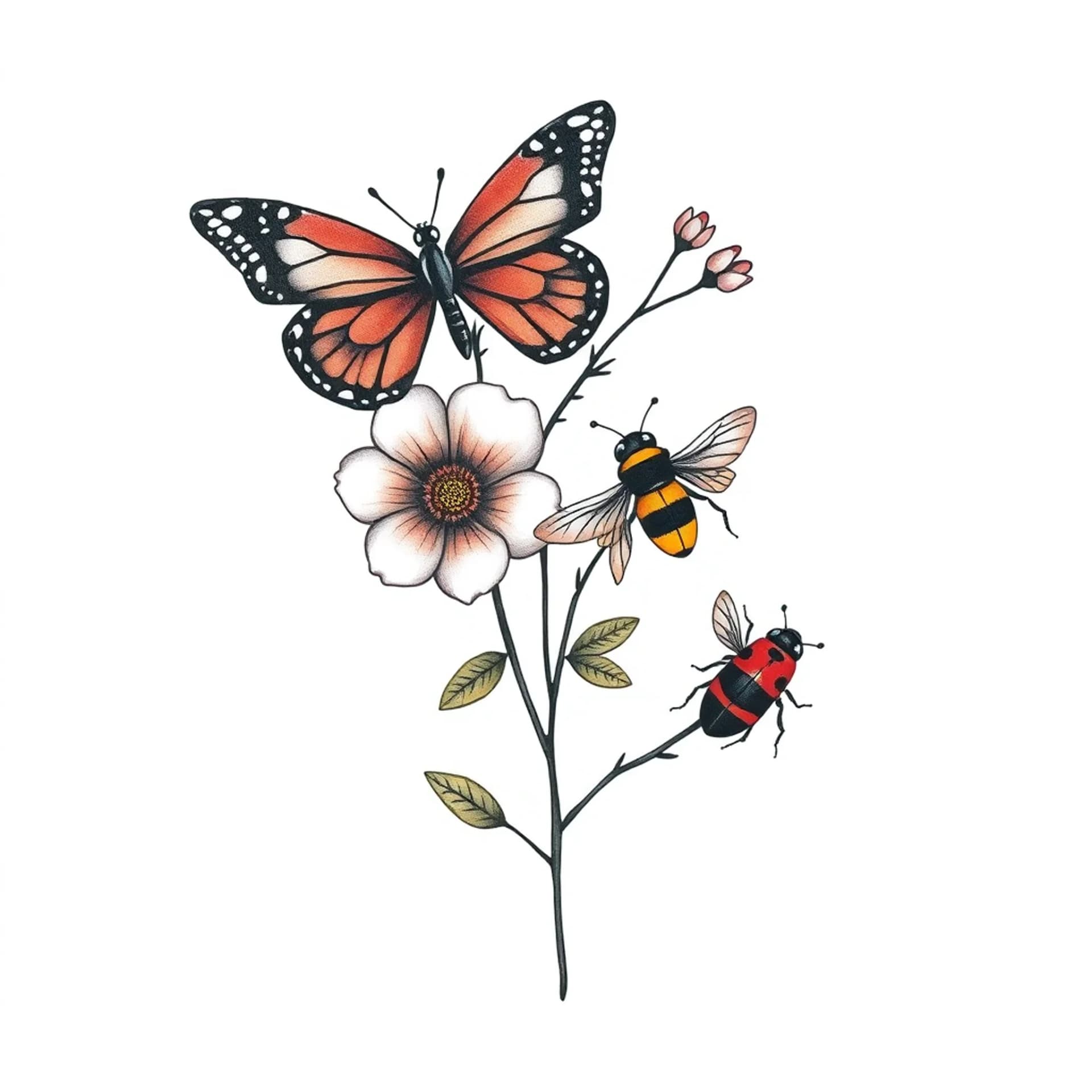 Old School tattoo: Upper back minimalist feminine tattoo with flowers a butterfly, a bee and a ladybird