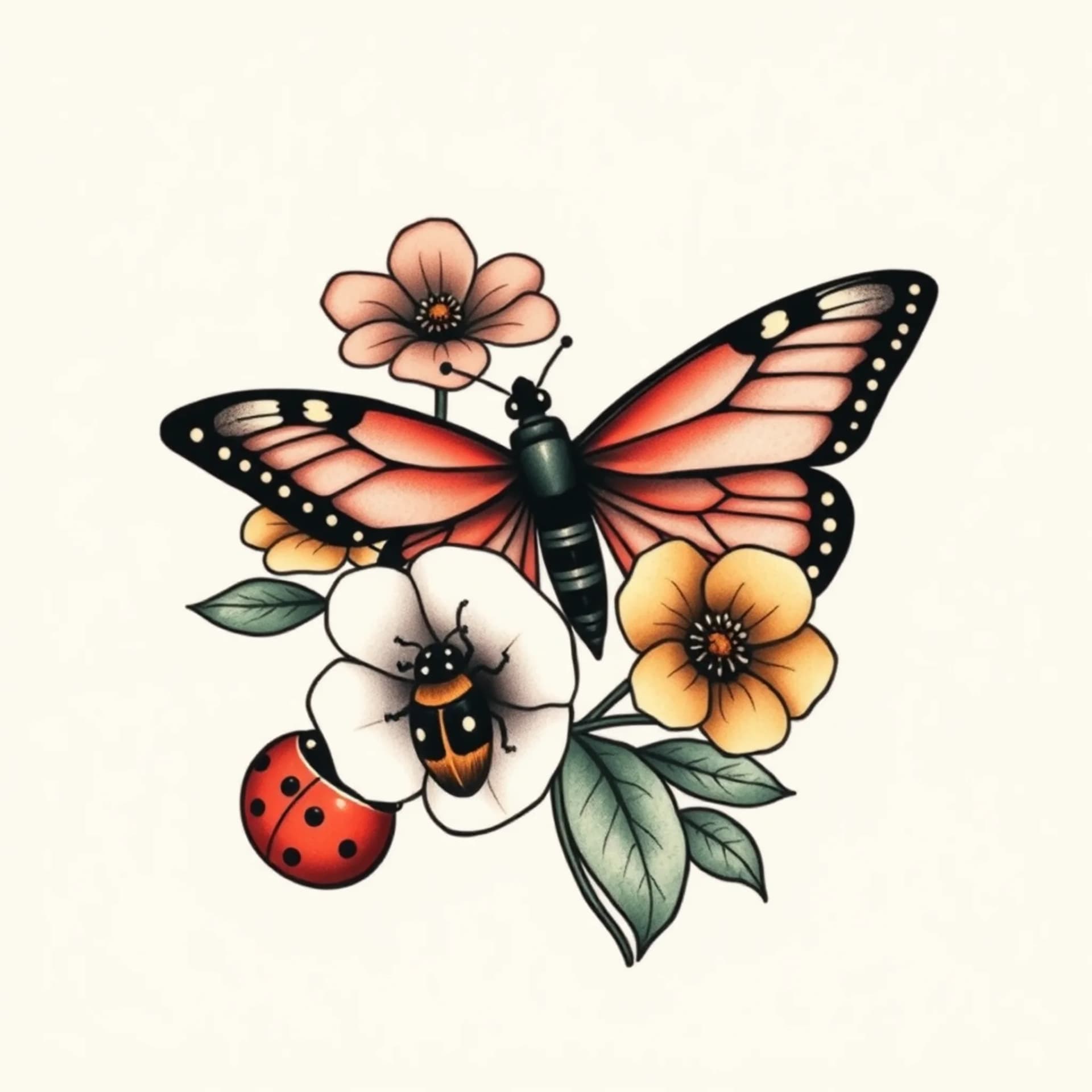 Old School tattoo: Upper back minimalist feminine tattoo with flowers a butterfly, a bee and a ladybird