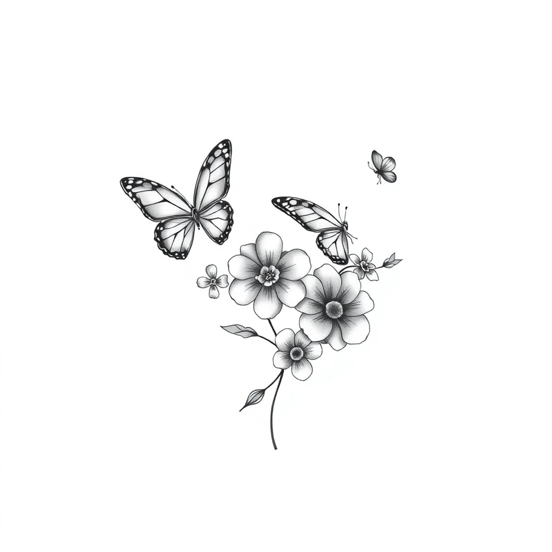 Fine Line tattoo: Upper back minimalist feminine tattoo with 3 butterflies and flowers