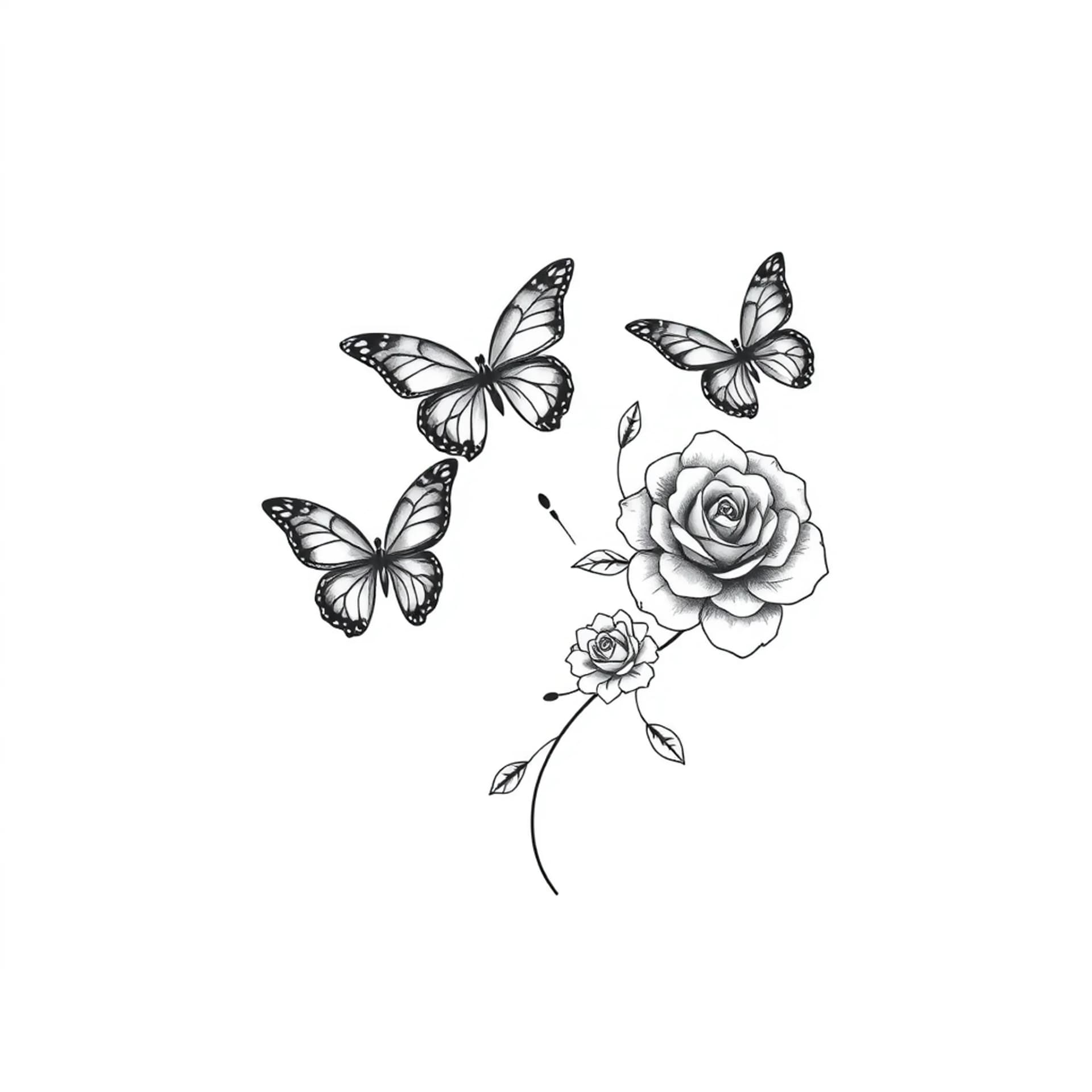 Fine Line tattoo: Upper back minimalist feminine tattoo with 3 butterflies and roses