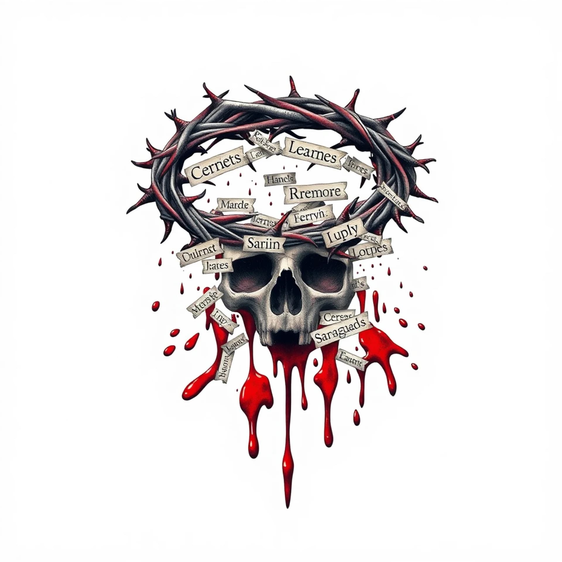 Surrealism tattoo: Names of sins scattered and covered with blood from a crown of thorns
