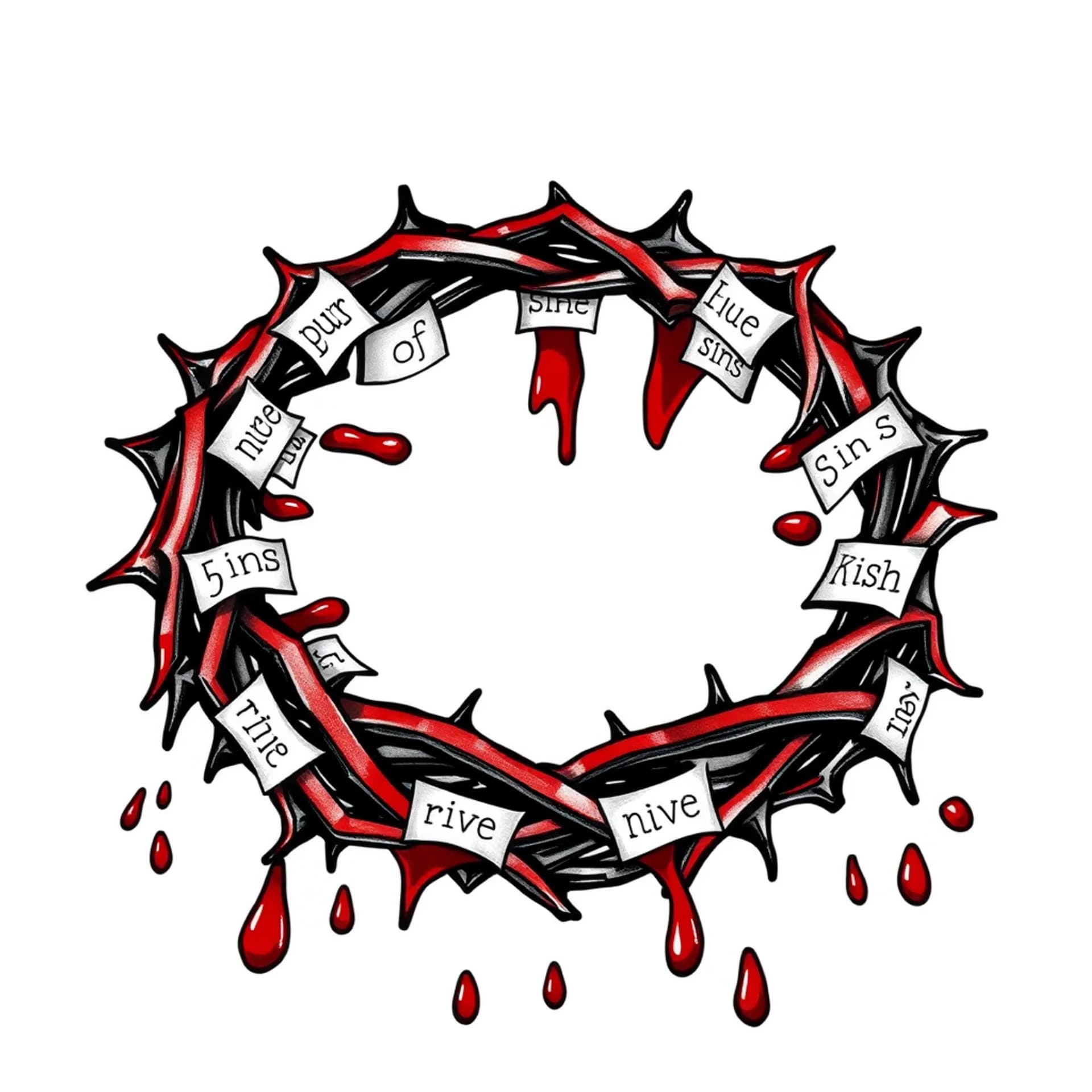 Traditional tattoo: Names of sins scattered and covered with blood from a crown of thorns