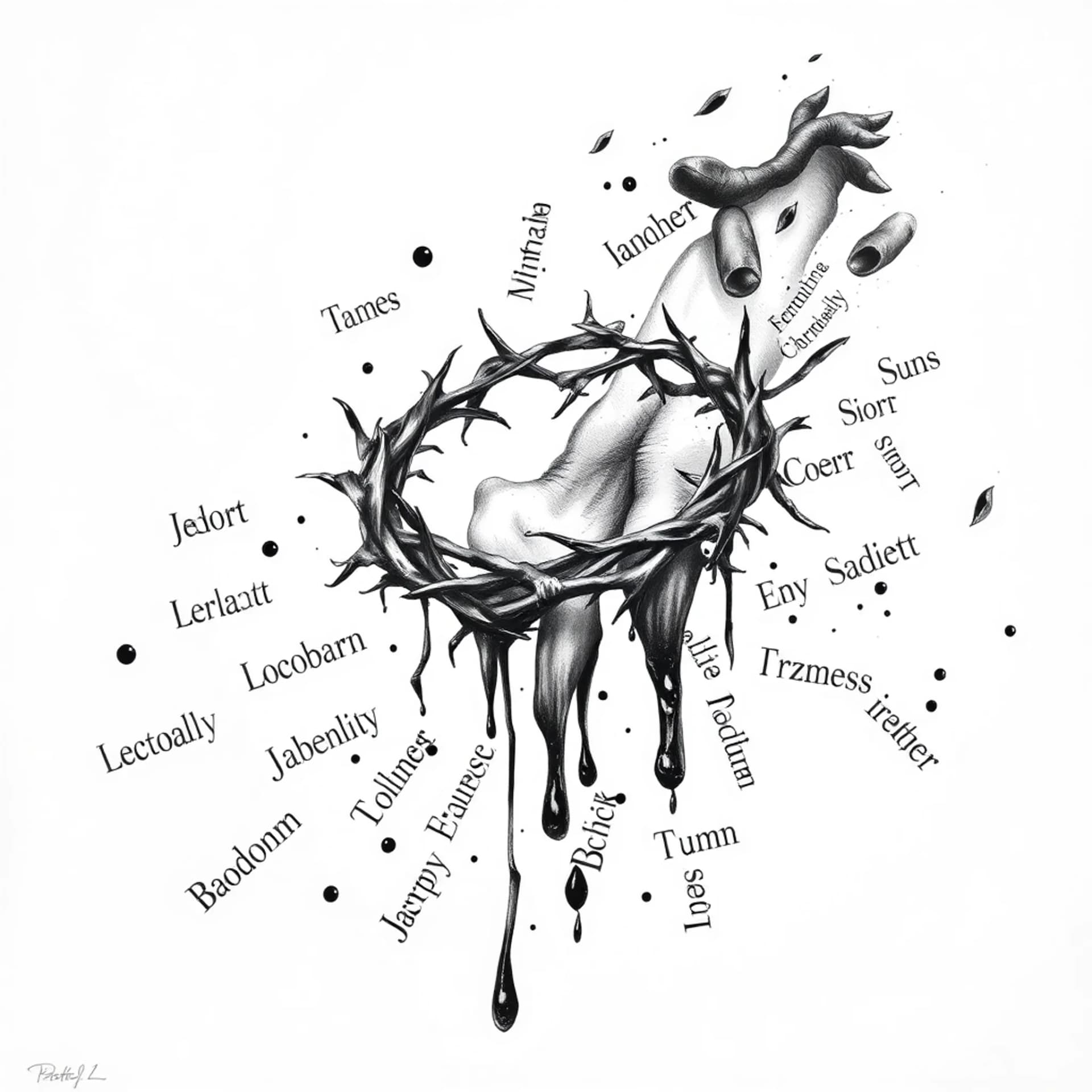 Realism tattoo: Names of sins scattered and covered with blood from a crown of thorns