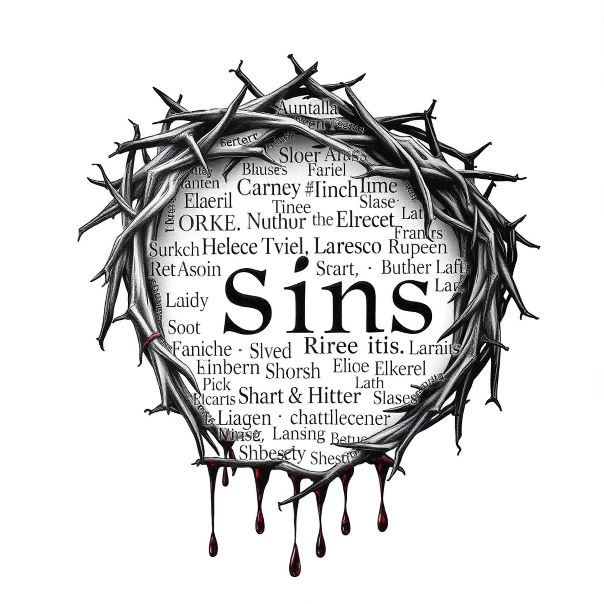 Realism tattoo: Names of sins in English scattered and covered with blood from a crown of thorns