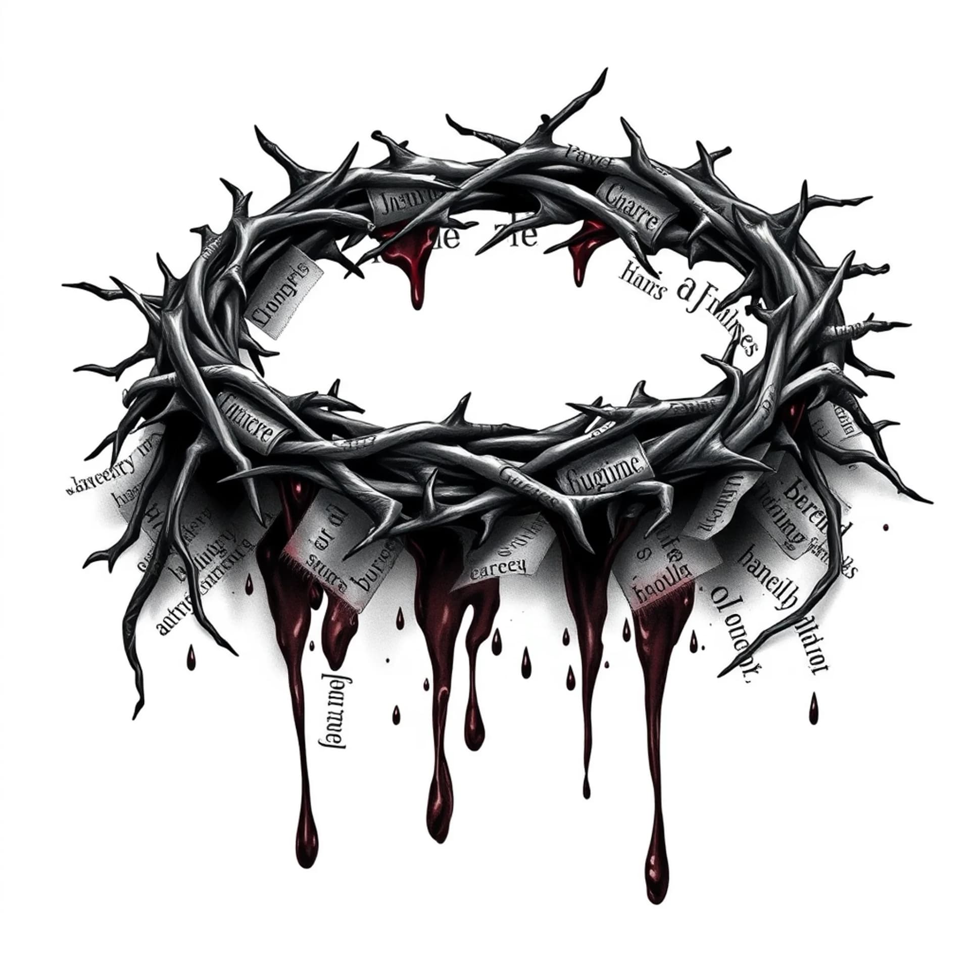 Realism tattoo: Names of sins scattered and covered with blood from a crown of thorns that wraps around the arm
