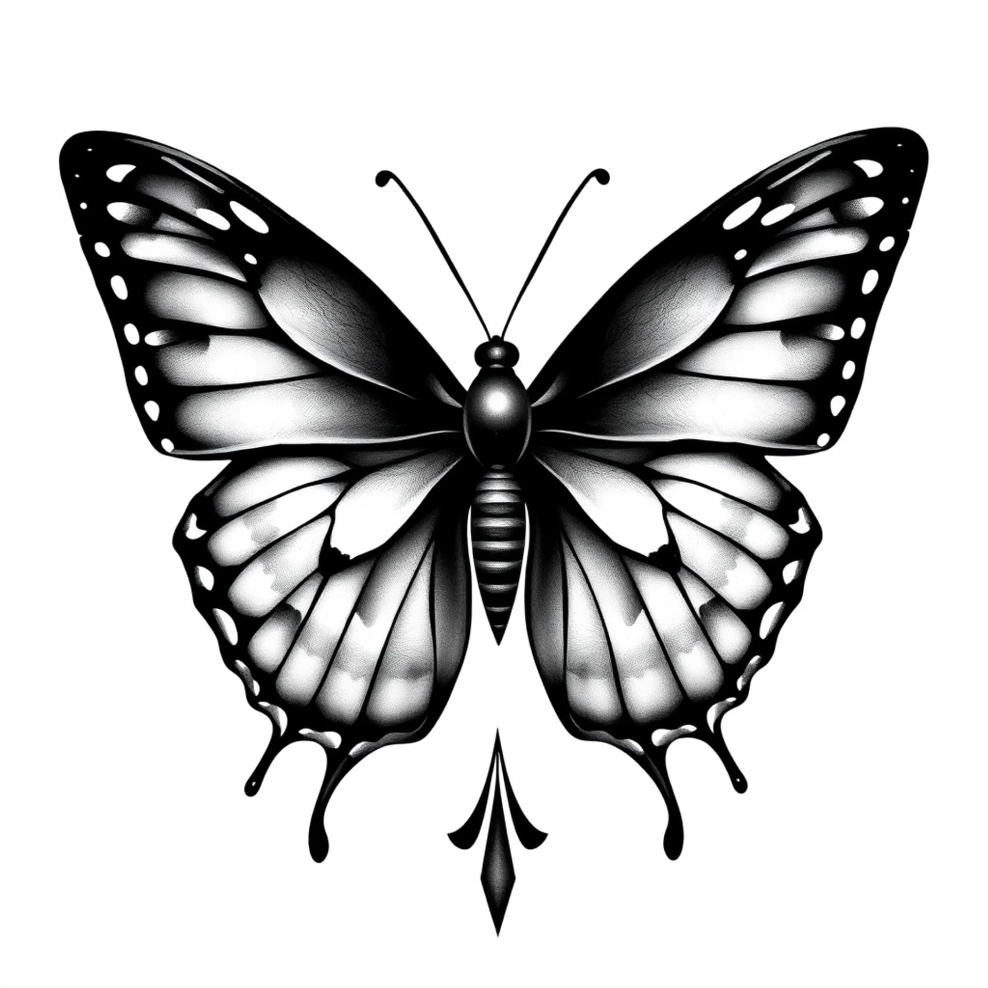Black And Grey tattoo: Semicolon tattoo between wings of a butterfly