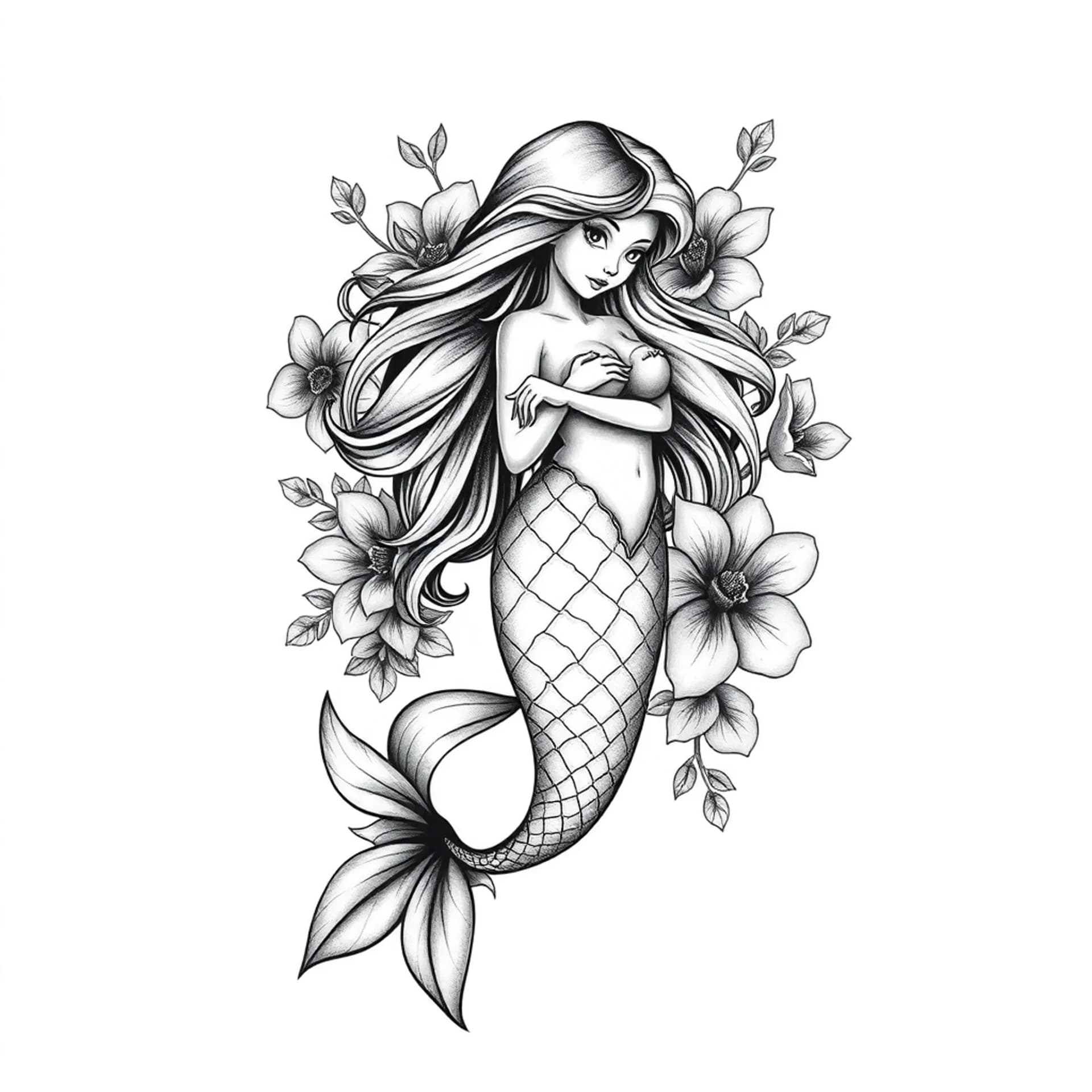 Black And Grey tattoo: Mermaid surrounded by flowers