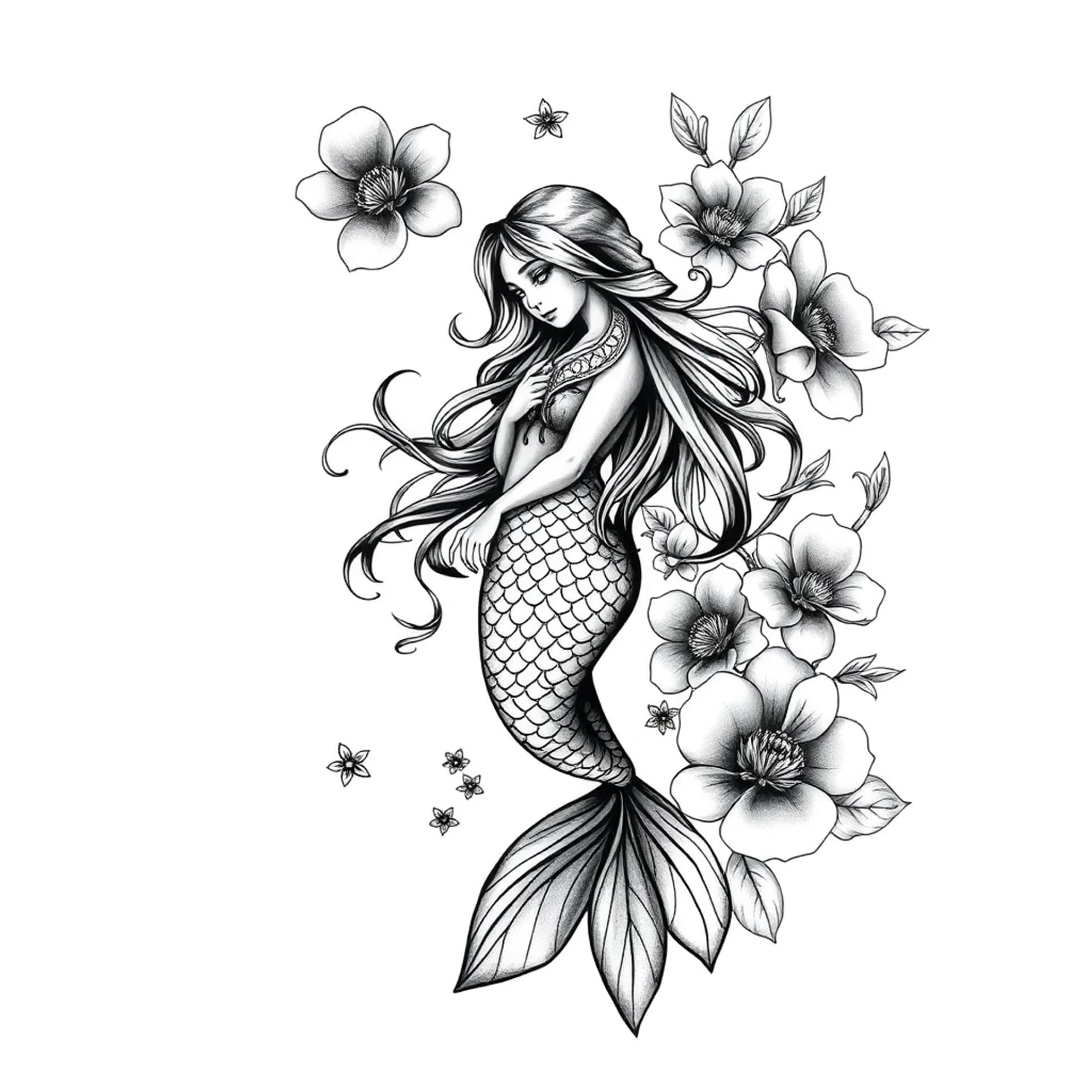 Black And Grey tattoo: Realistic mermaid surrounded by flowers