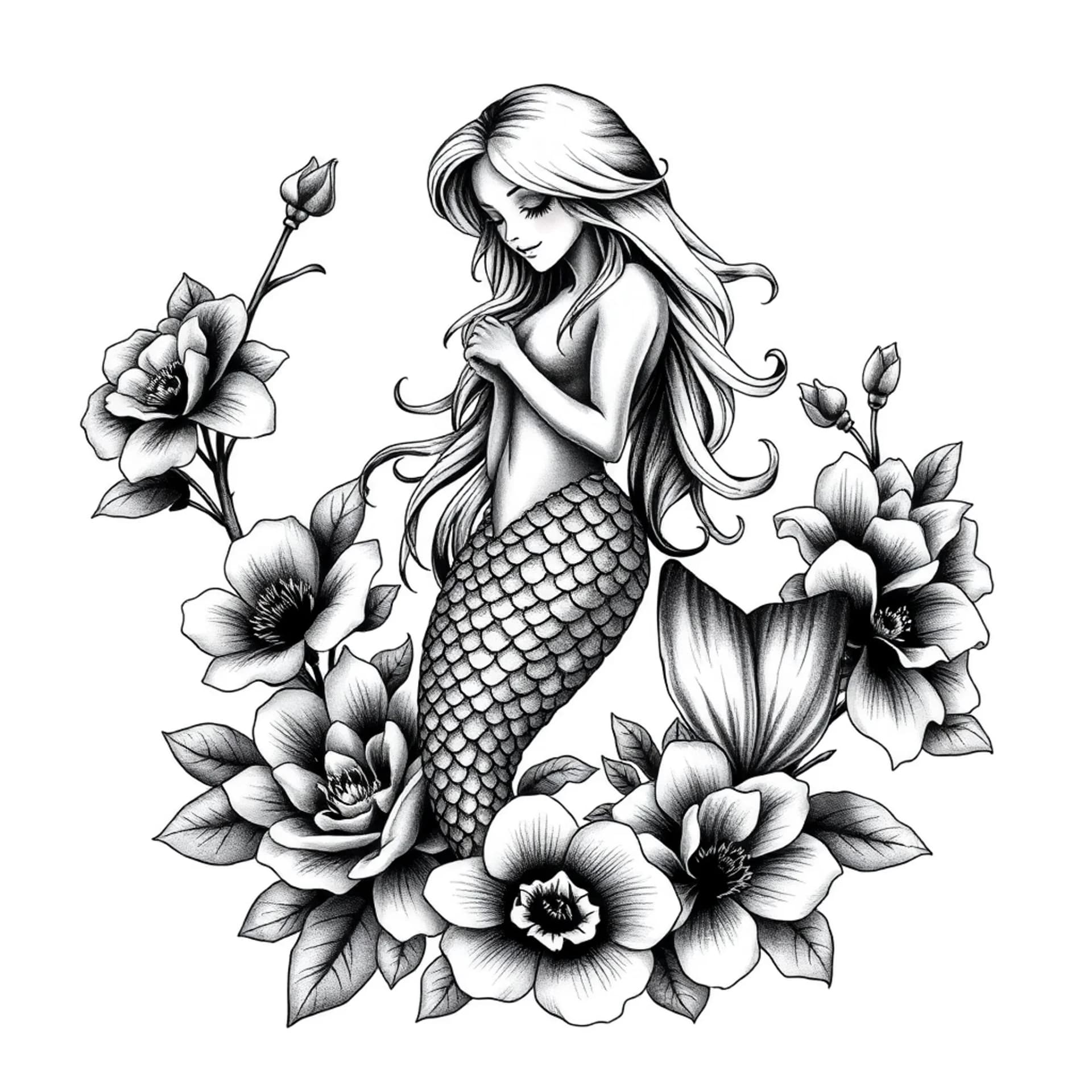 Black And Grey tattoo: Lifelike realistic mermaid surrounded by flowers
