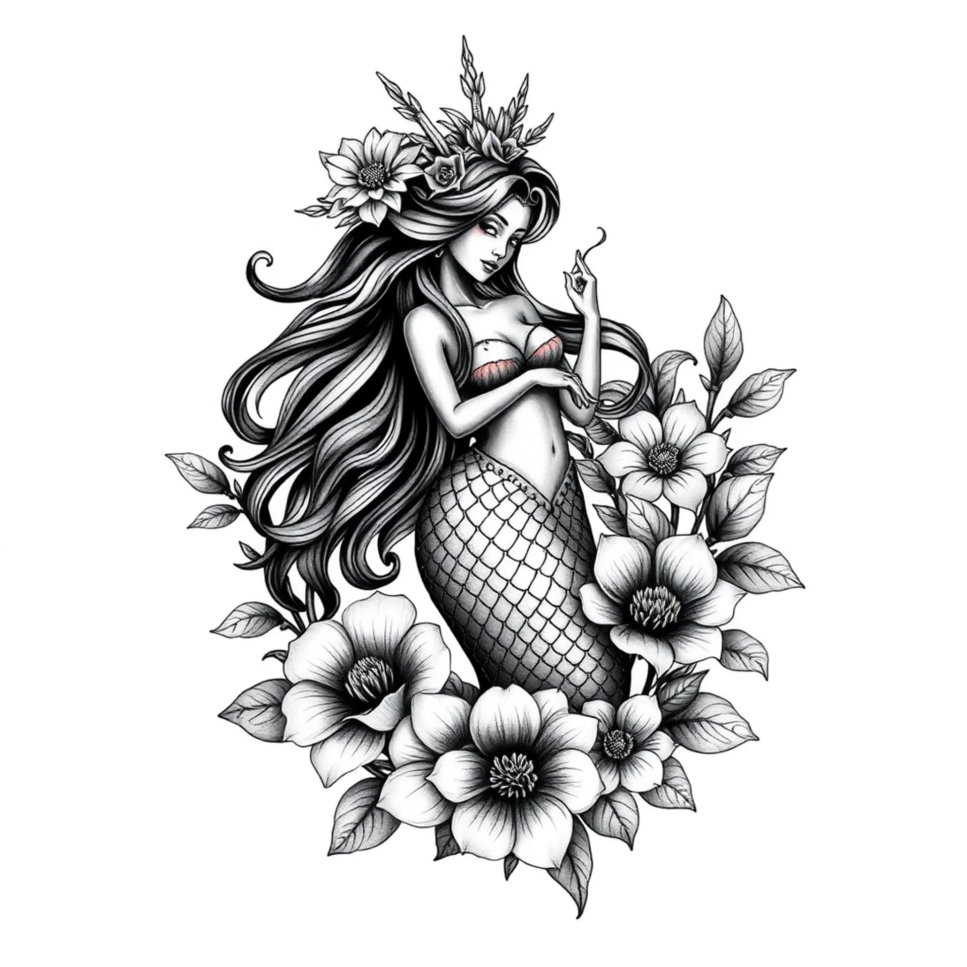 Black And Grey tattoo: Lifelike realistic mermaid yemaya surrounded by flowers