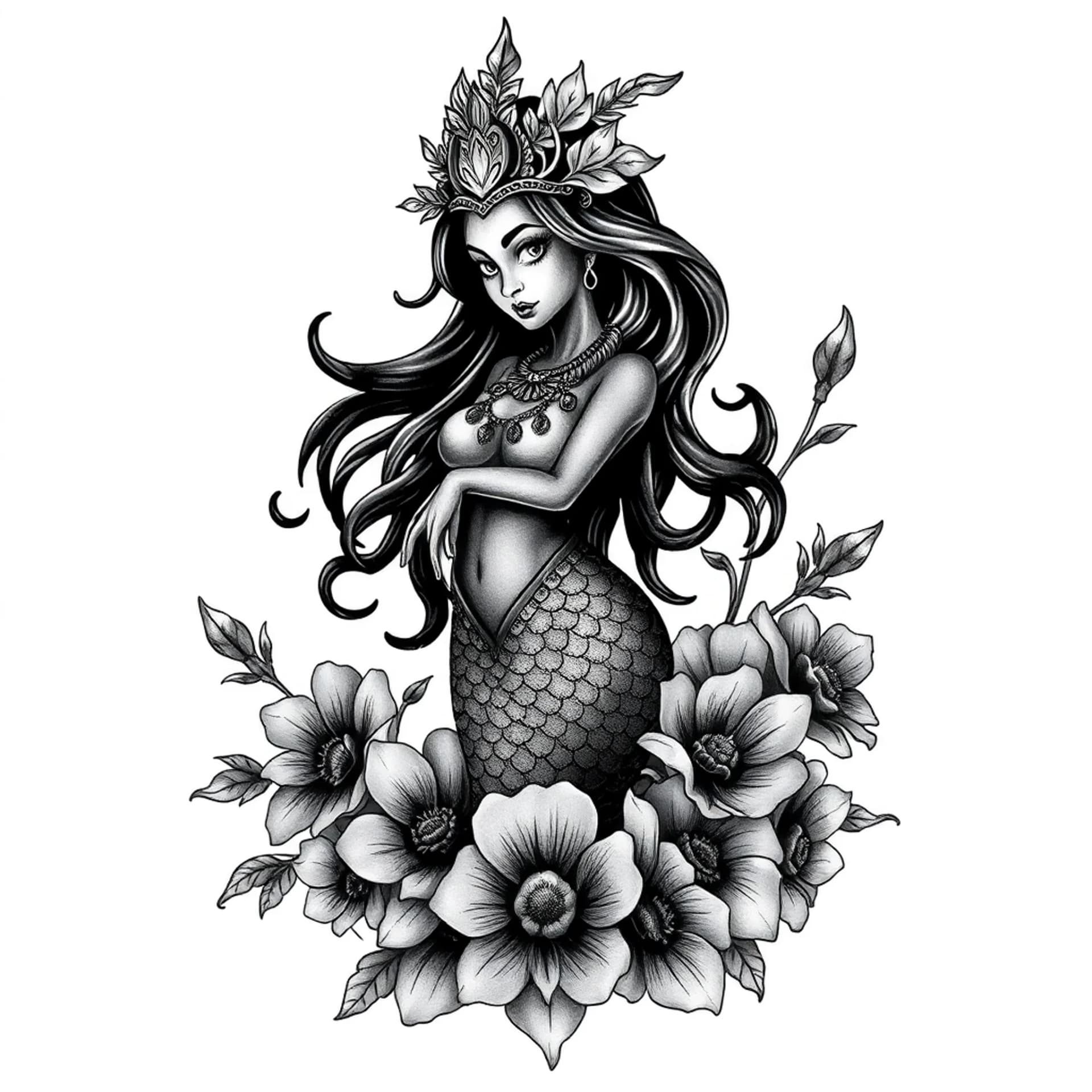 Black And Grey tattoo: Lifelike realistic mermaid african yemaya surrounded by flowers