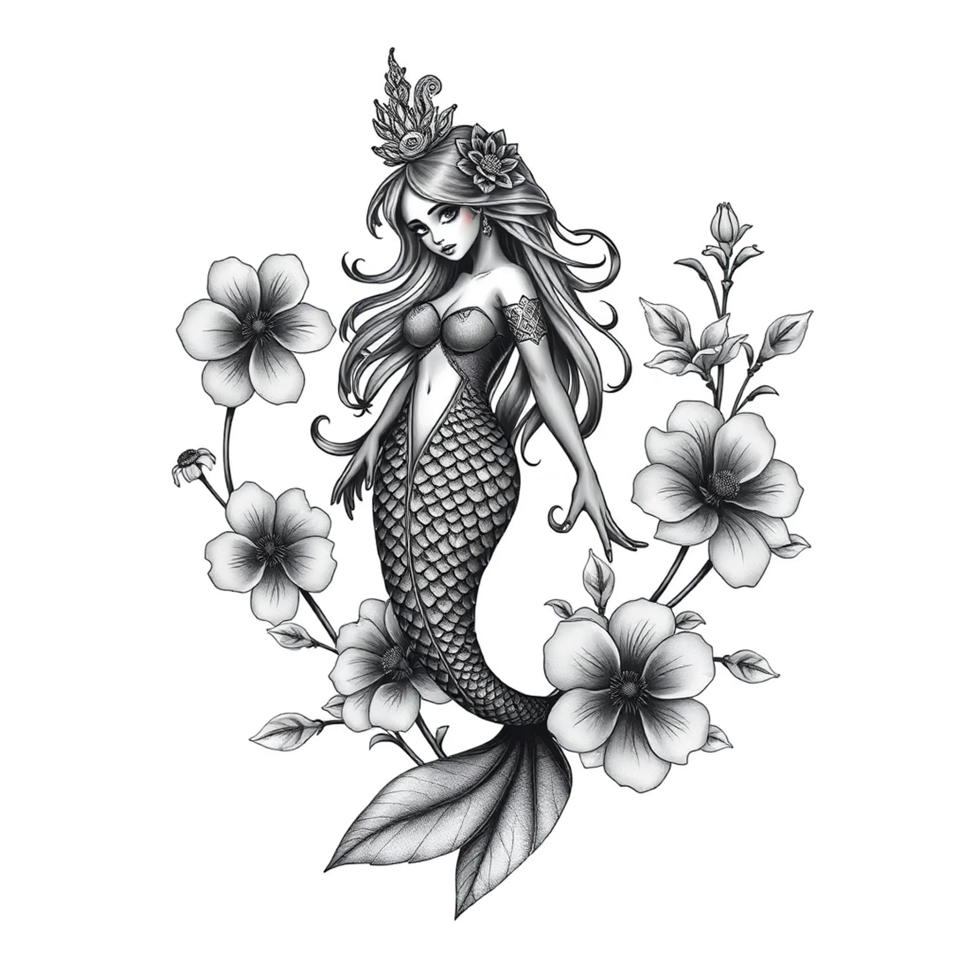 Black And Grey tattoo: Lifelike realistic mermaid black yemaya surrounded by flowers