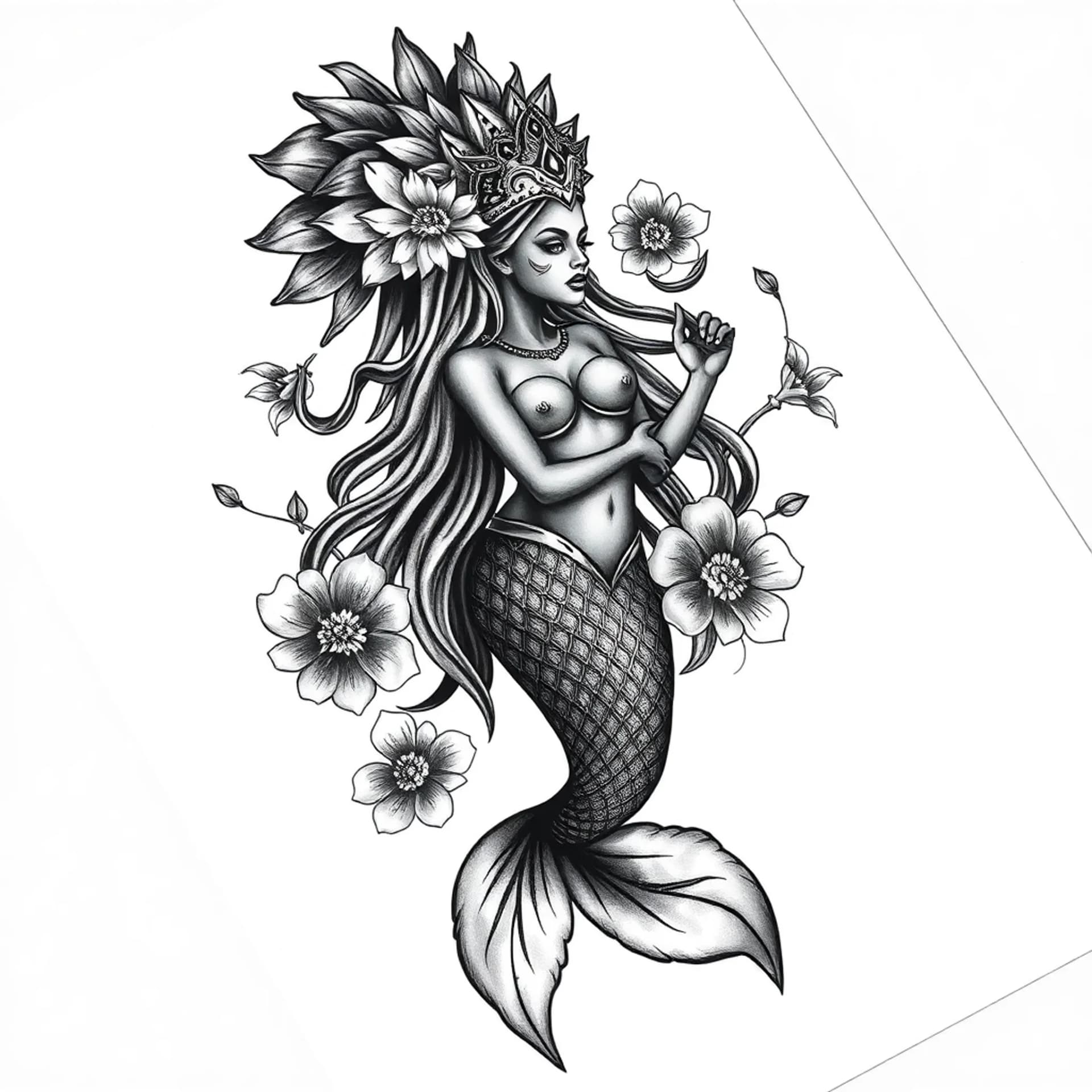 Black And Grey tattoo: Lifelike realistic mermaid african orisha yemaya surrounded by flowers