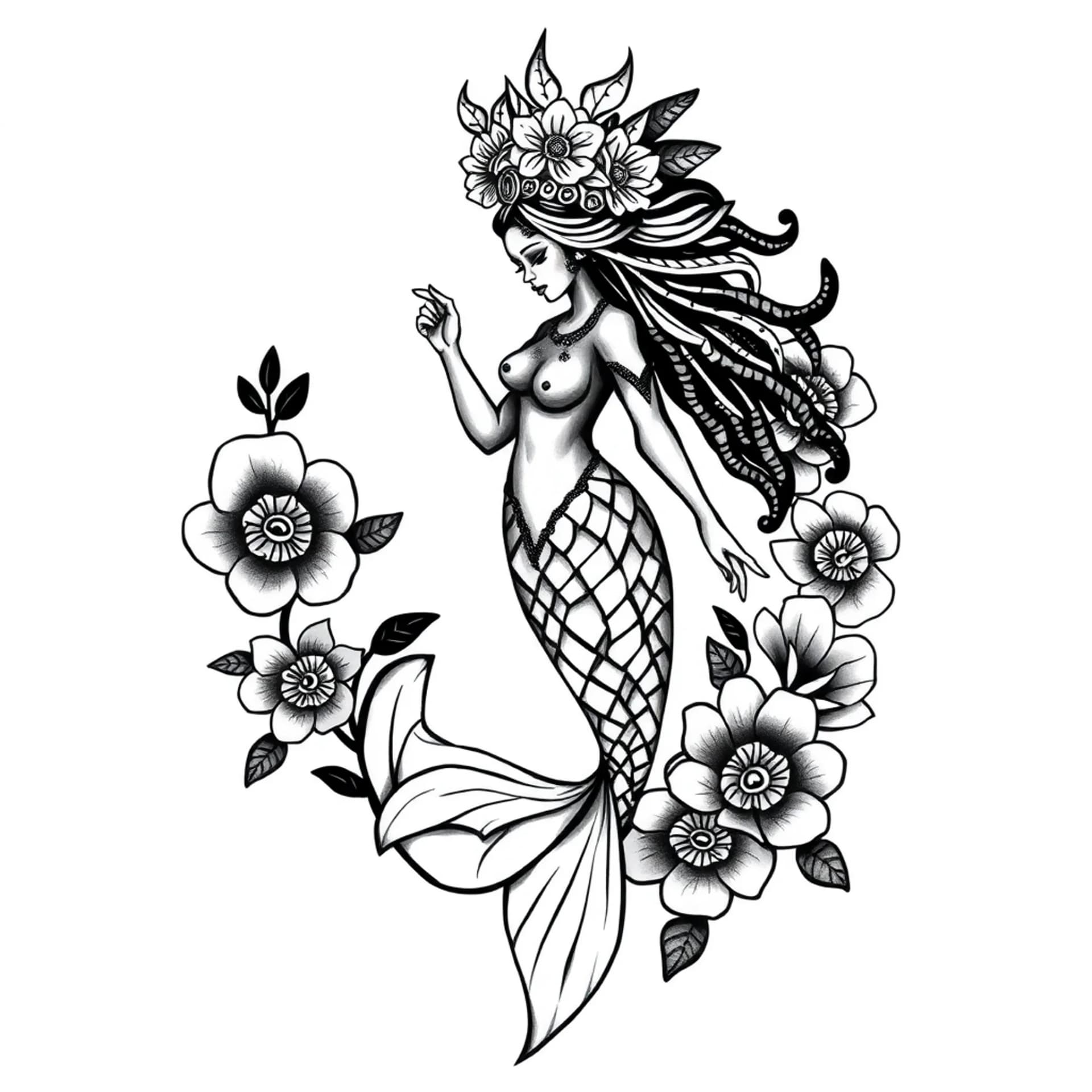 Black And Grey tattoo: Lifelike realistic mermaid african orisha yemaya surrounded by floral stencil